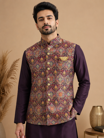 Purple Silk Kurta Set with Premium Jamewar Nehru Jacket & Traditional Motif Weave for Men