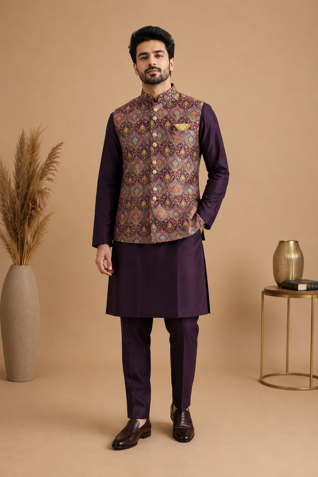 Purple Silk Kurta Set with Premium Jamewar Nehru Jacket & Traditional Motif Weave for Men