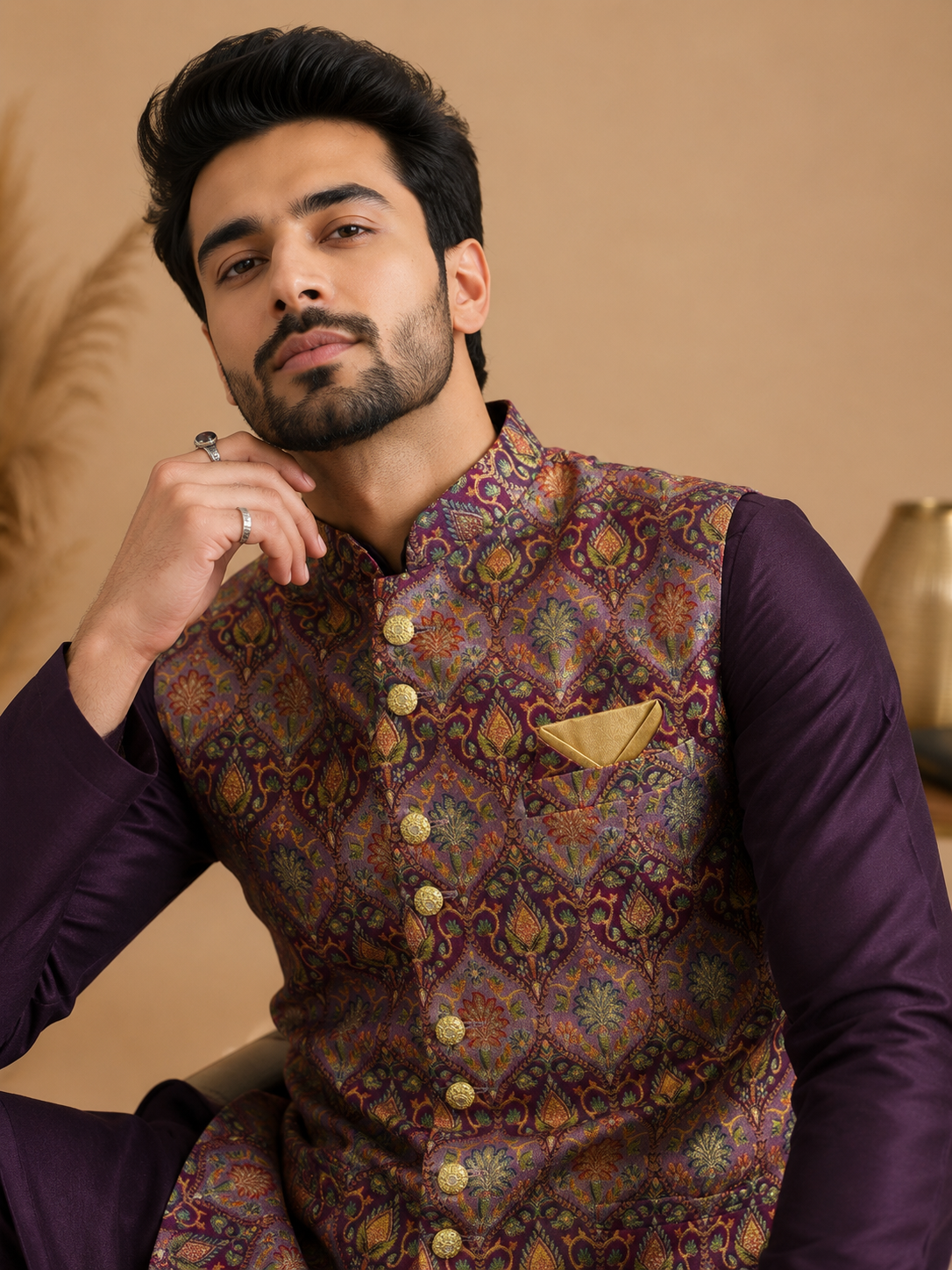 Purple Silk Kurta Set with Premium Jamewar Nehru Jacket & Traditional Motif Weave for Men
