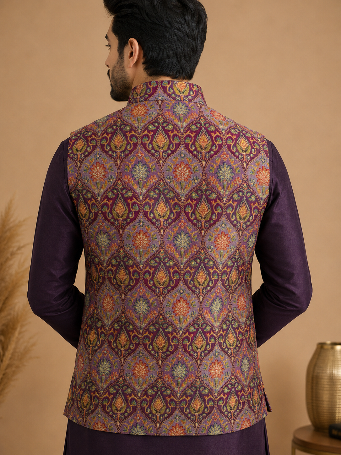 Purple Silk Kurta Set with Premium Jamewar Nehru Jacket & Traditional Motif Weave for Men