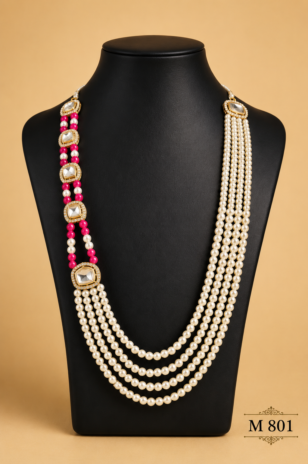 PINK & CREAM MOTI MALA WITH STONE FOR MEN'S
