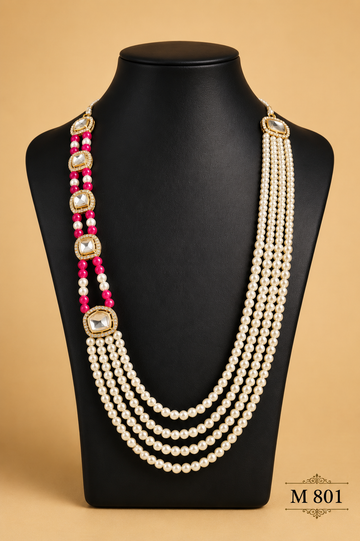 PINK & CREAM MOTI MALA WITH STONE FOR MEN'S
