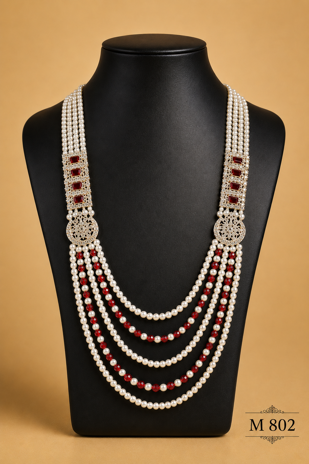 PREMIUM MOTI MALA WITH BROACH IN MAROON & CREAM