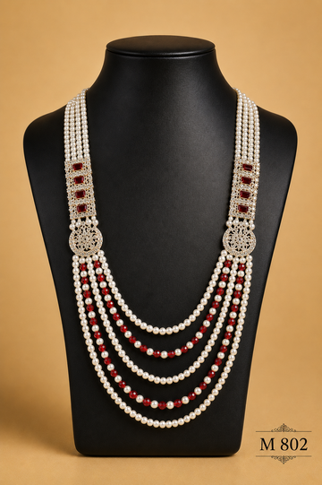 PREMIUM MOTI MALA WITH BROACH IN MAROON & CREAM