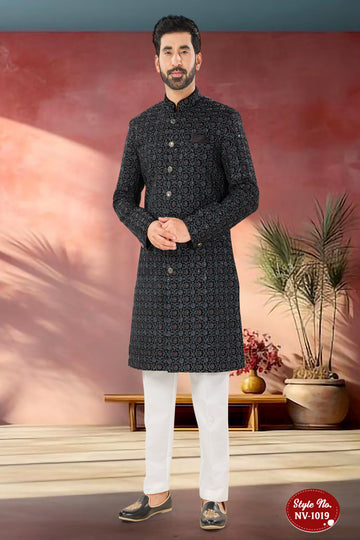 INDO-WESTERN SET IN BLACK TONE WITH HEAVY THREAD EMBROIDERY ALL-OVER