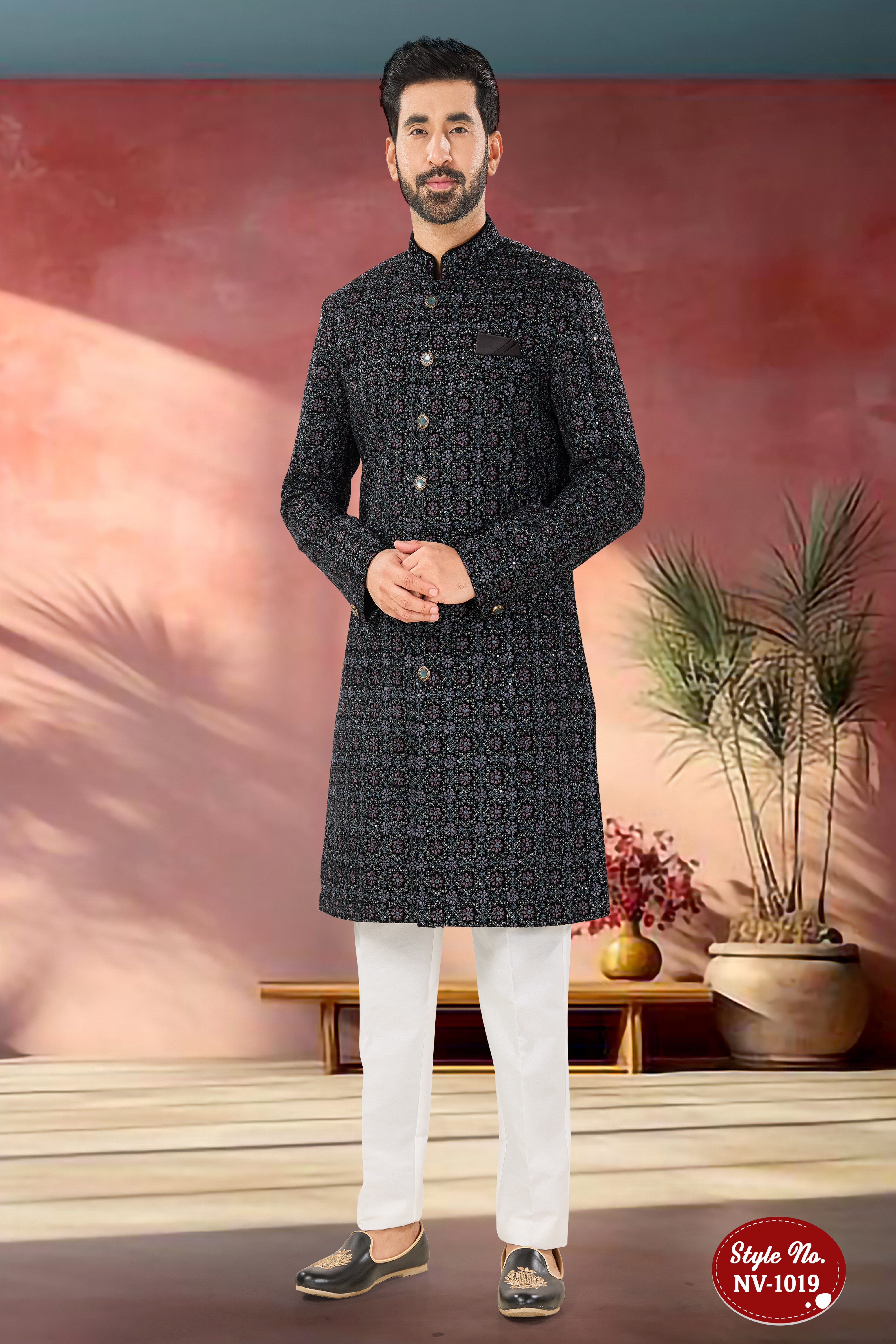INDO-WESTERN SET IN BLACK TONE WITH HEAVY THREAD EMBROIDERY ALL-OVER