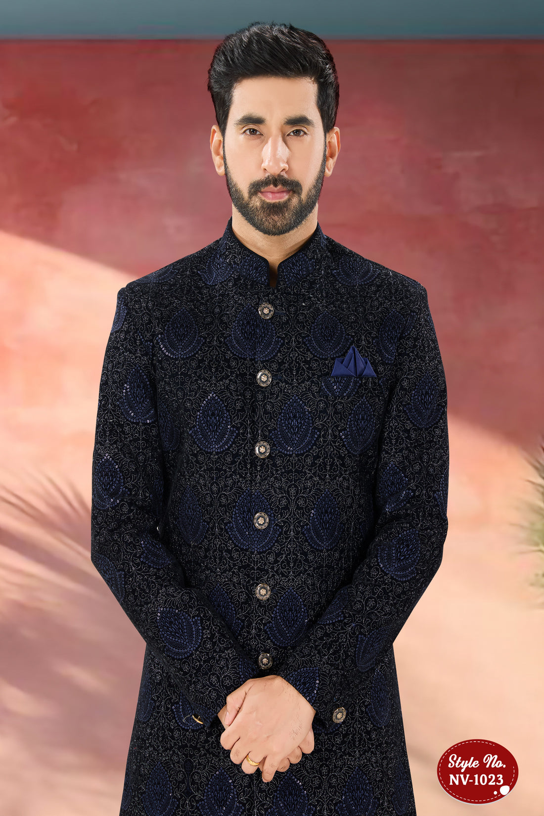 INDO-WESTERN SET IN BLUE TONE WITH HEAVY THREAD EMBROIDERY ALL-OVER