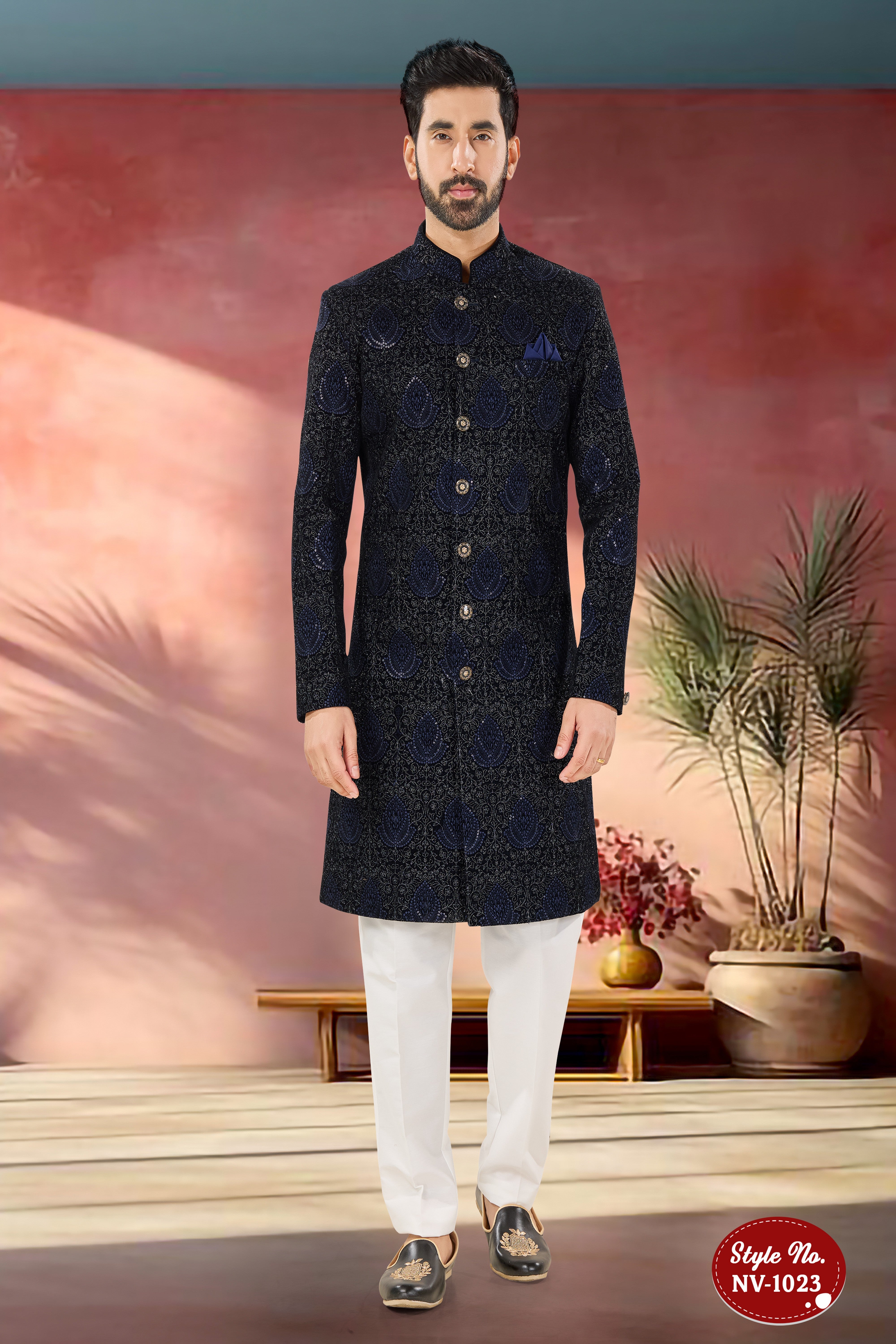 INDO-WESTERN SET IN BLUE TONE WITH HEAVY THREAD EMBROIDERY ALL-OVER