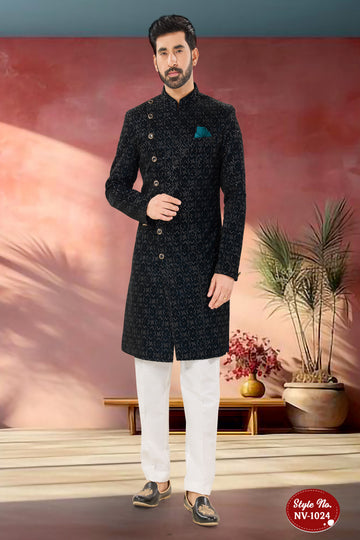 INDO-WESTERN SET IN BLUE HUE WITH THREAD EMBROIDERY ALL-OVER