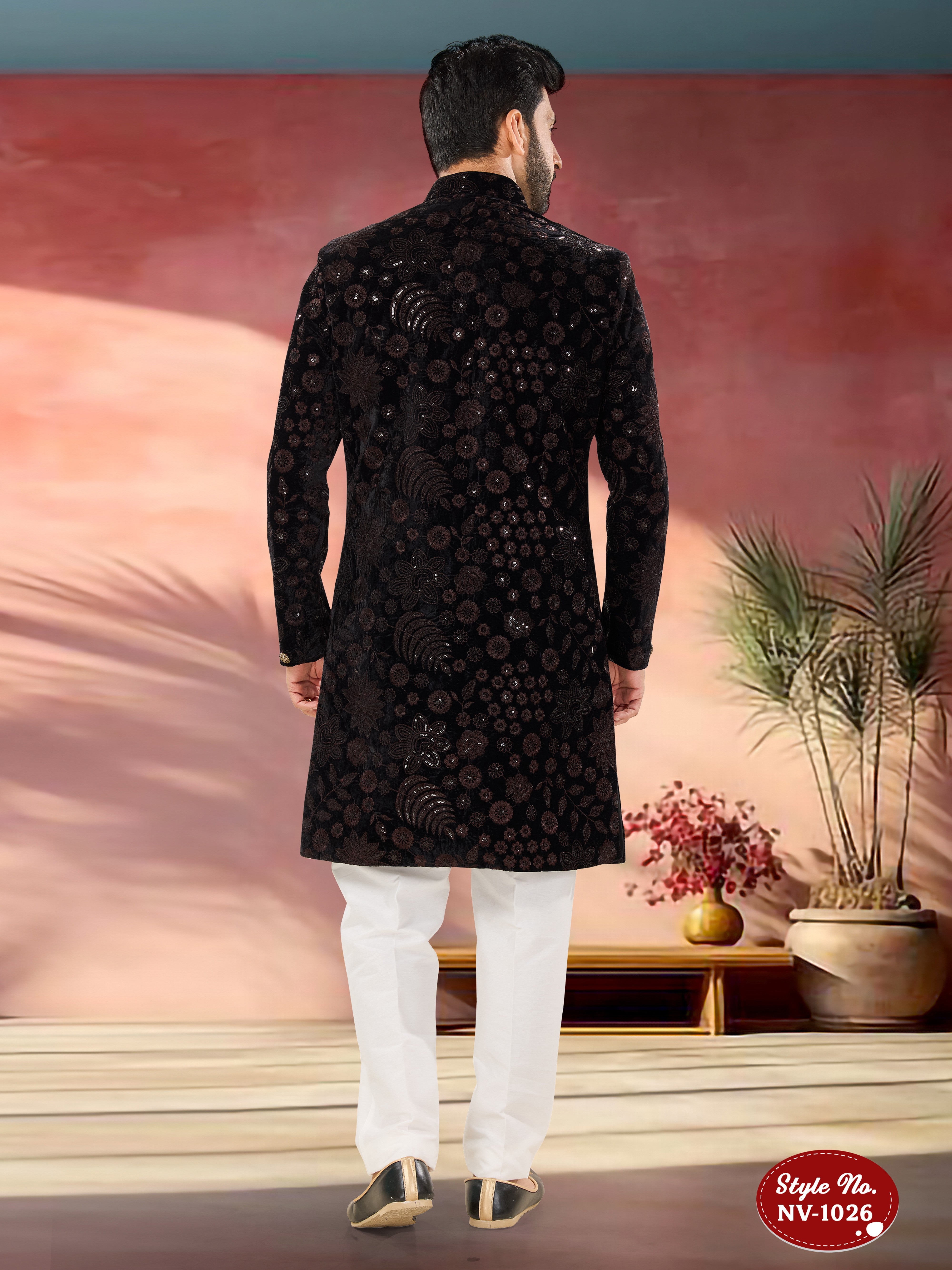 BLACK-BASE INDO-WESTERN SET WITH THREAD EMBROIDERY ALL-OVER