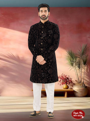 BLACK-BASE INDO-WESTERN SET WITH THREAD EMBROIDERY ALL-OVER
