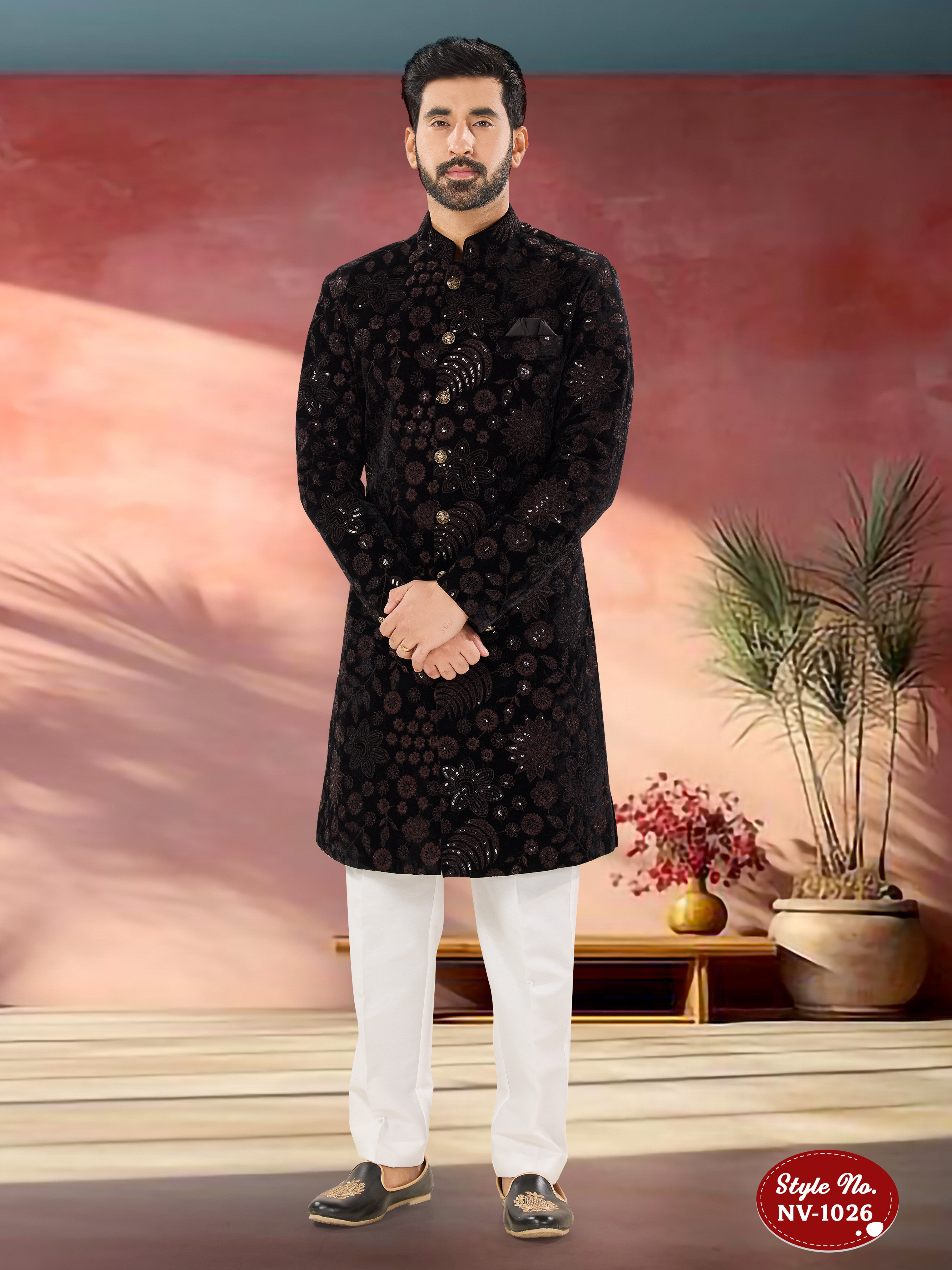 BLACK-BASE INDO-WESTERN SET WITH THREAD EMBROIDERY ALL-OVER