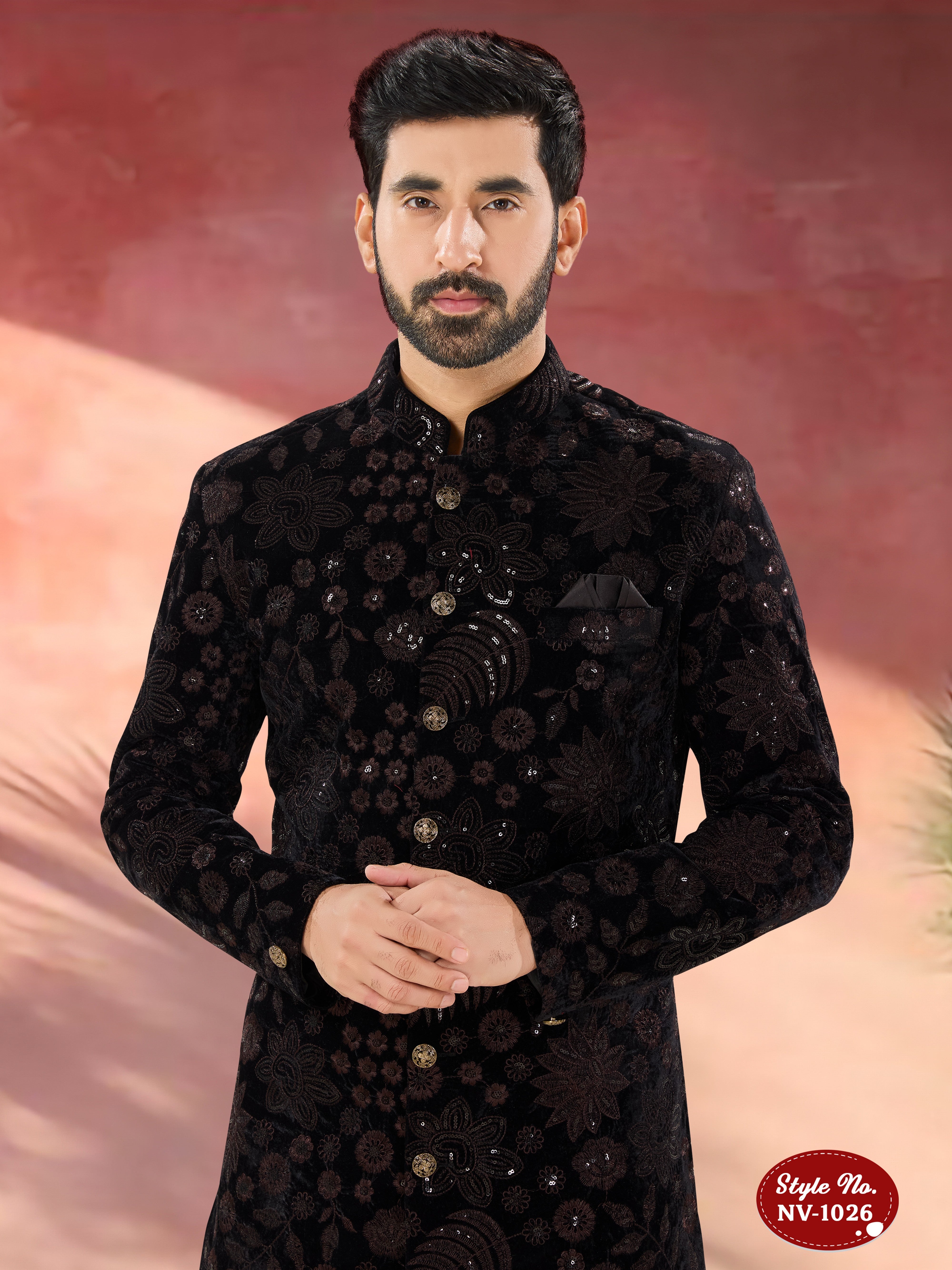 BLACK-BASE INDO-WESTERN SET WITH THREAD EMBROIDERY ALL-OVER