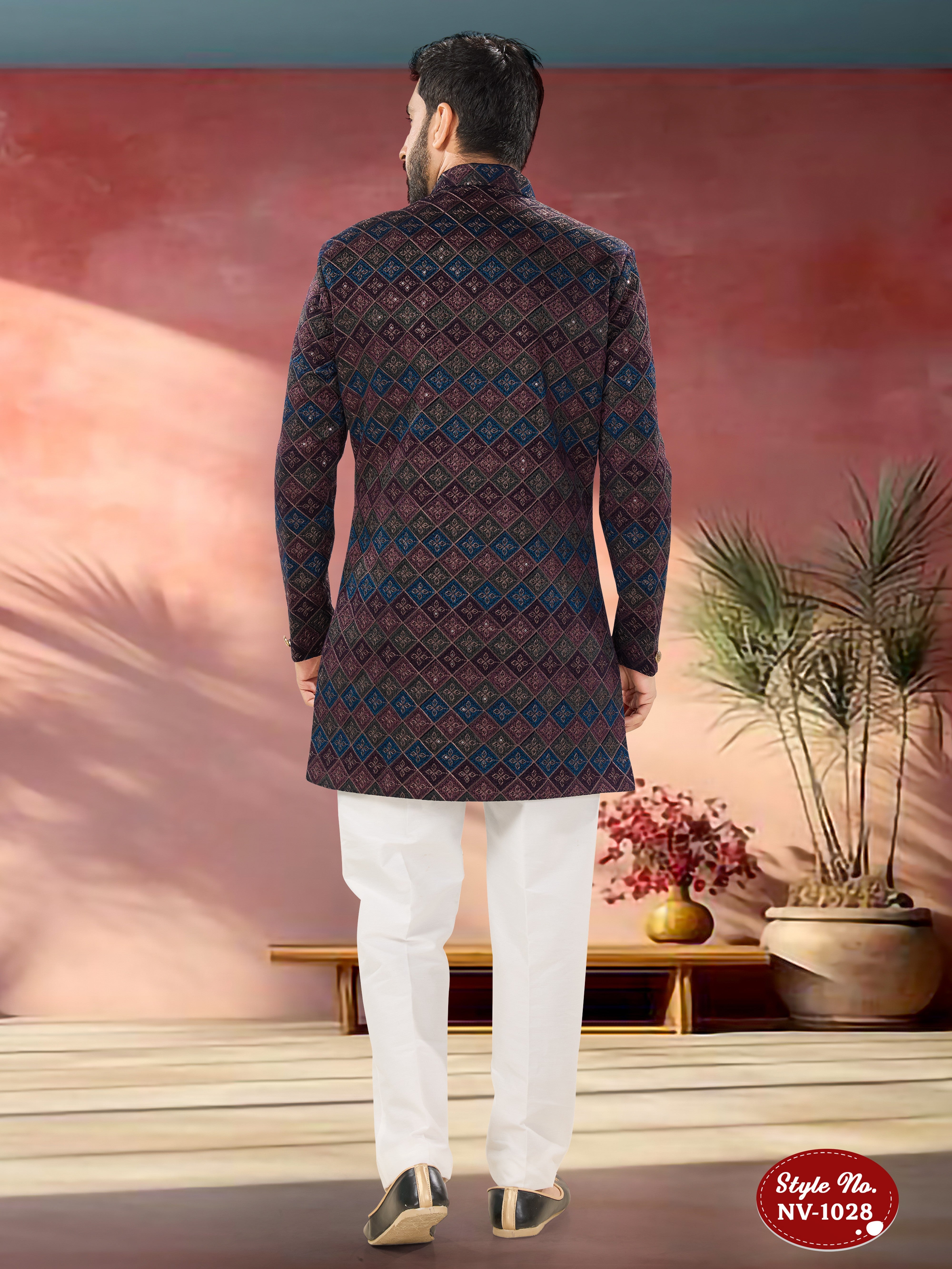 BLUE-BASE ( MULTI-TONE ) INDO-WESTERN SET IN UNIQUE PATTERN WITH THREAD EMBROIDERY ALL-OVER