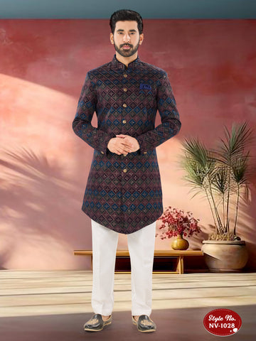 BLUE-BASE ( MULTI-TONE ) INDO-WESTERN SET IN UNIQUE PATTERN WITH THREAD EMBROIDERY ALL-OVER