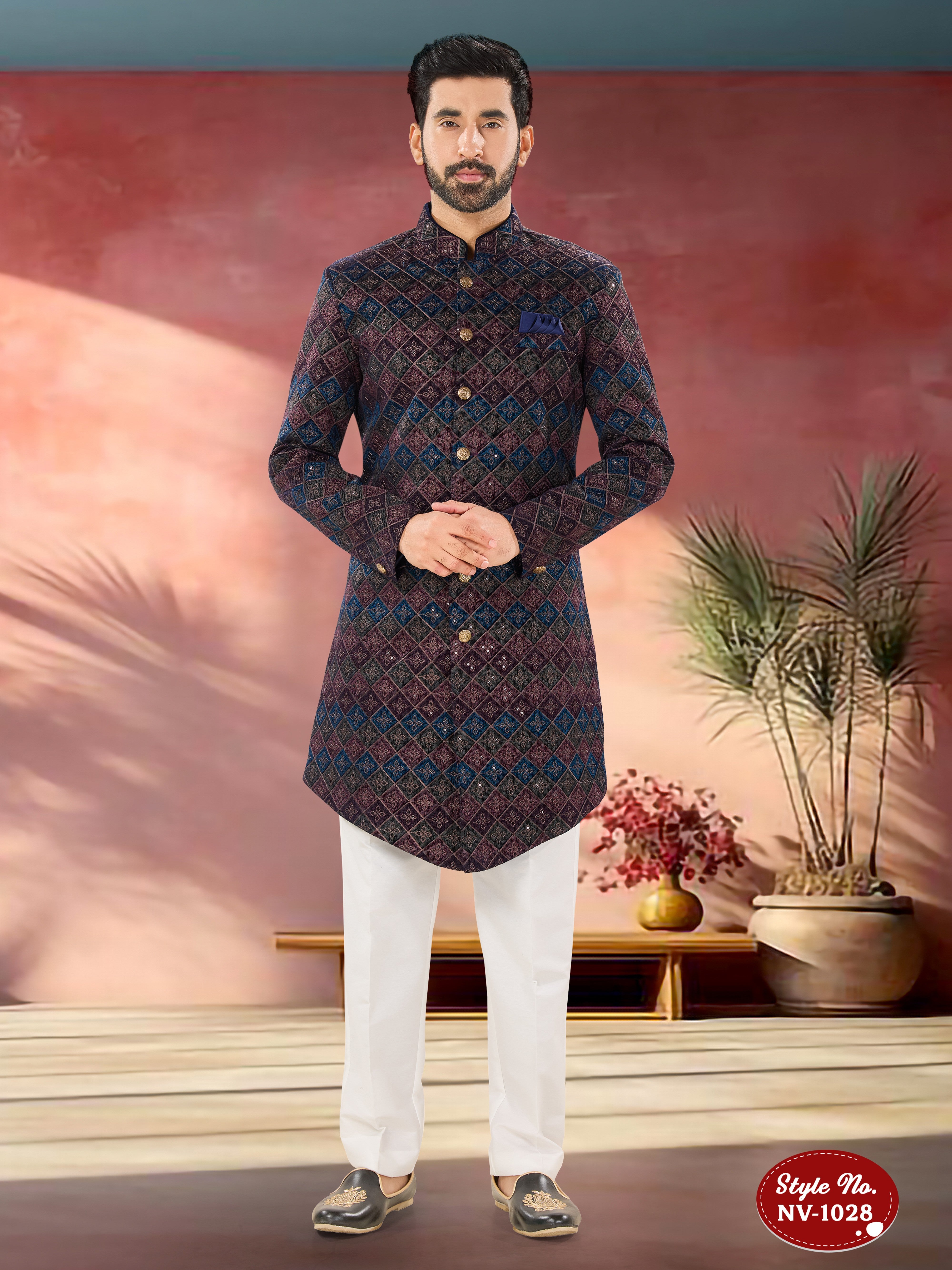 BLUE-BASE ( MULTI-TONE ) INDO-WESTERN SET IN UNIQUE PATTERN WITH THREAD EMBROIDERY ALL-OVER