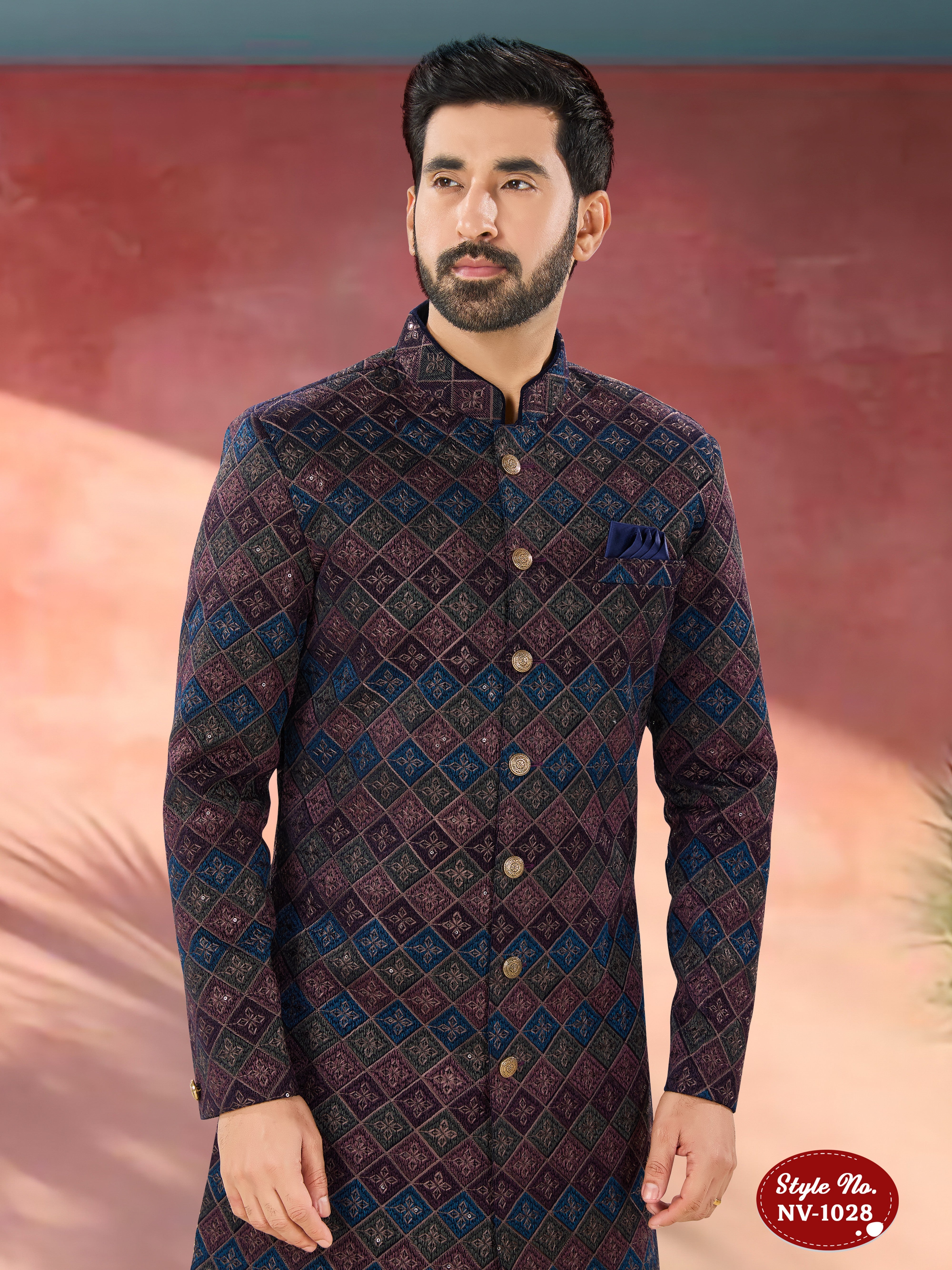 BLUE-BASE ( MULTI-TONE ) INDO-WESTERN SET IN UNIQUE PATTERN WITH THREAD EMBROIDERY ALL-OVER