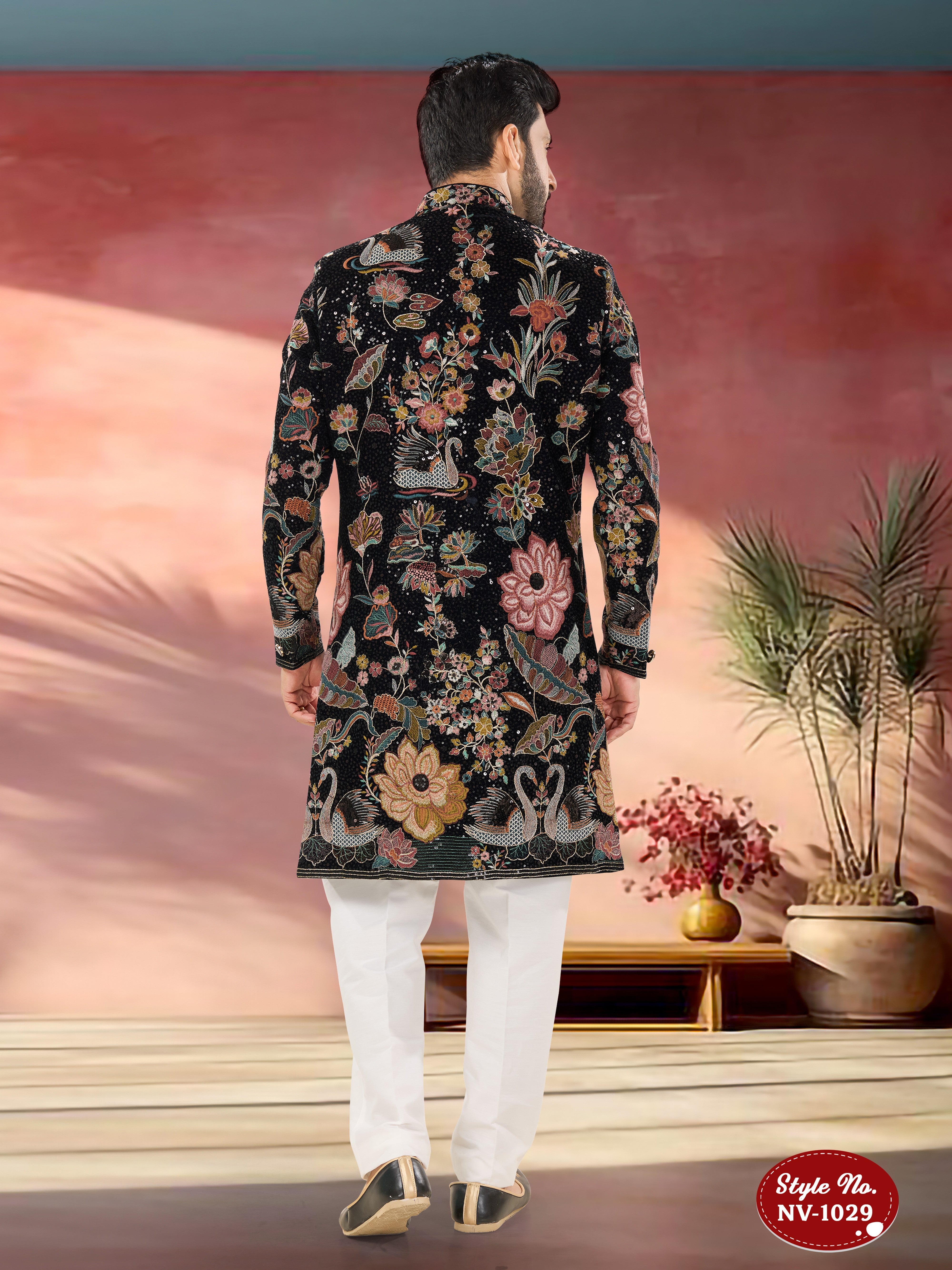 INDO-WESTERN SET IN BLUE-BASE WITH HEAVY THREAD EMBROIDERY ALL-OVER