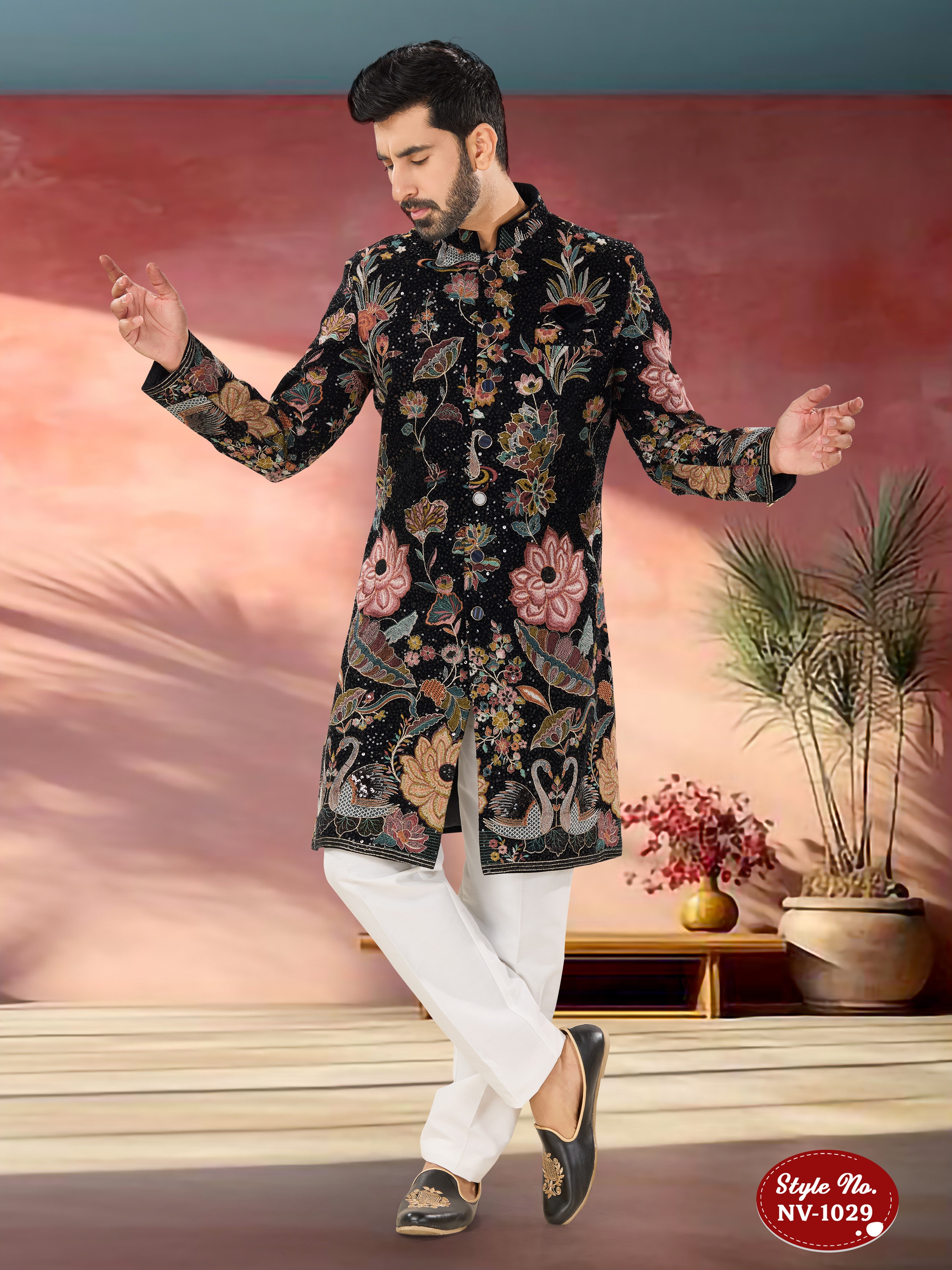 INDO-WESTERN SET IN BLUE-BASE WITH HEAVY THREAD EMBROIDERY ALL-OVER