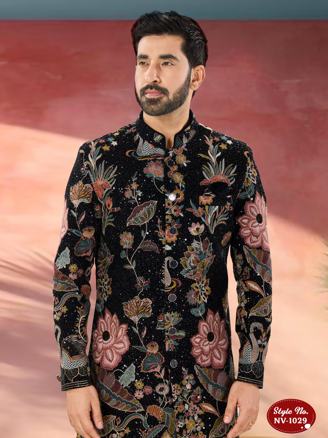 INDO-WESTERN SET IN BLUE-BASE WITH HEAVY THREAD EMBROIDERY ALL-OVER