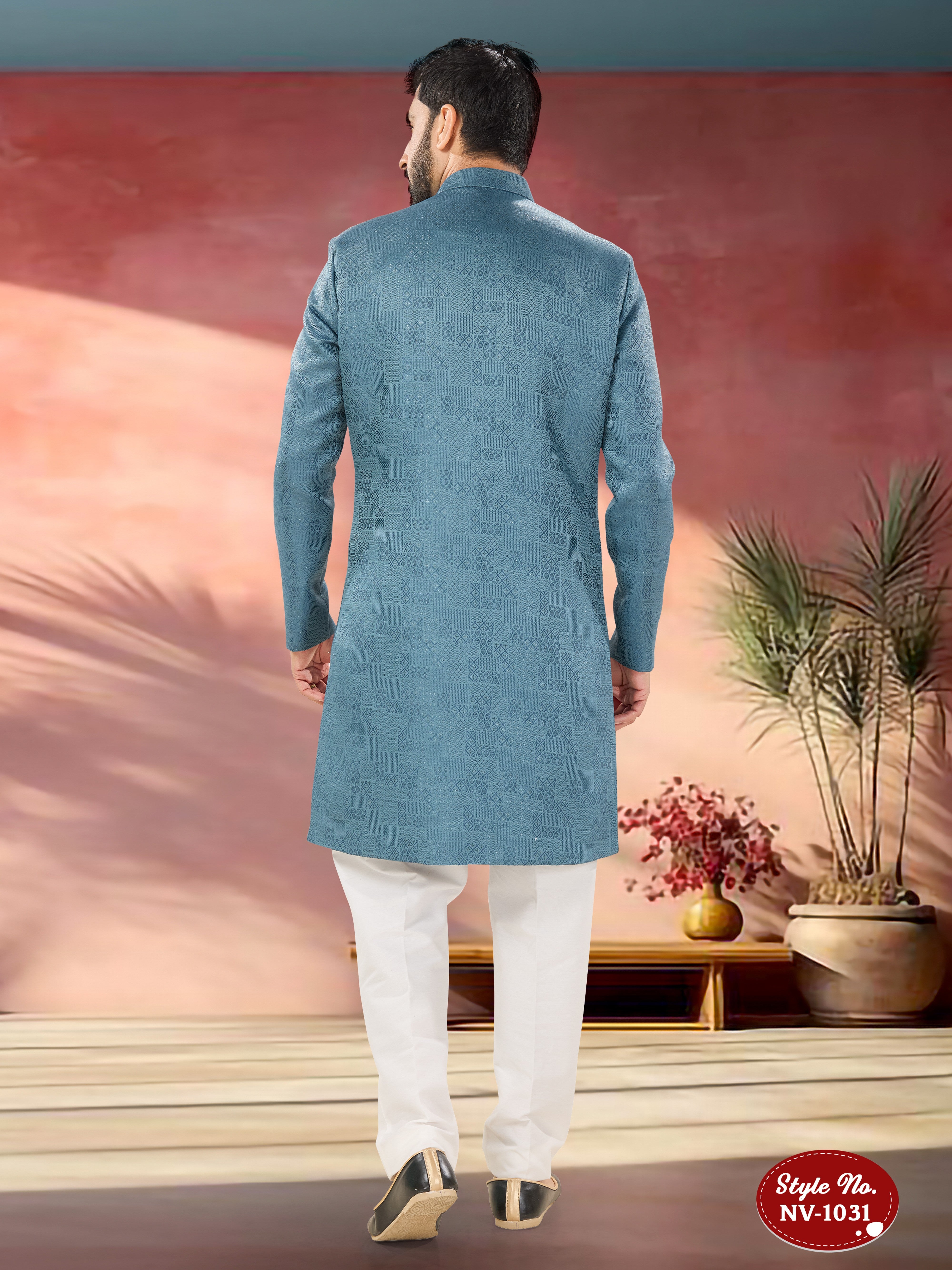 BLUE HUE INDO-WESTERN SET WITH SELF-DESIGN