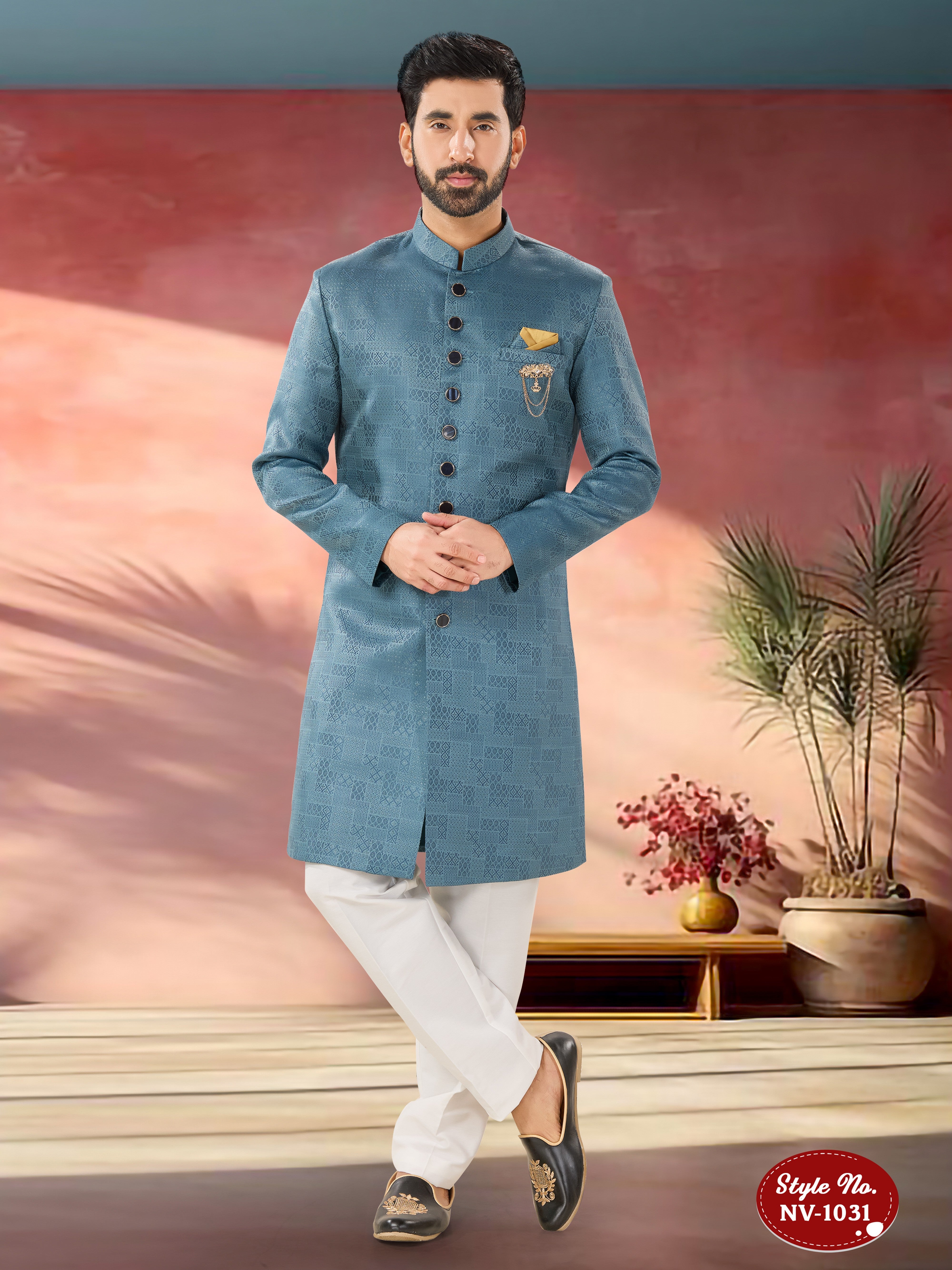 BLUE HUE INDO-WESTERN SET WITH SELF-DESIGN