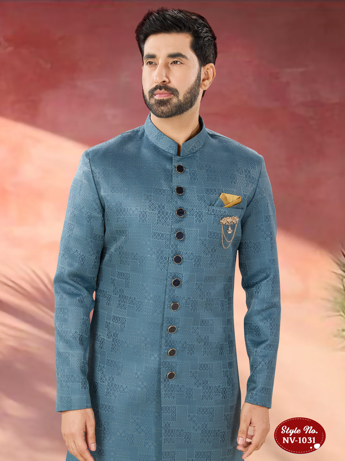 BLUE HUE INDO-WESTERN SET WITH SELF-DESIGN