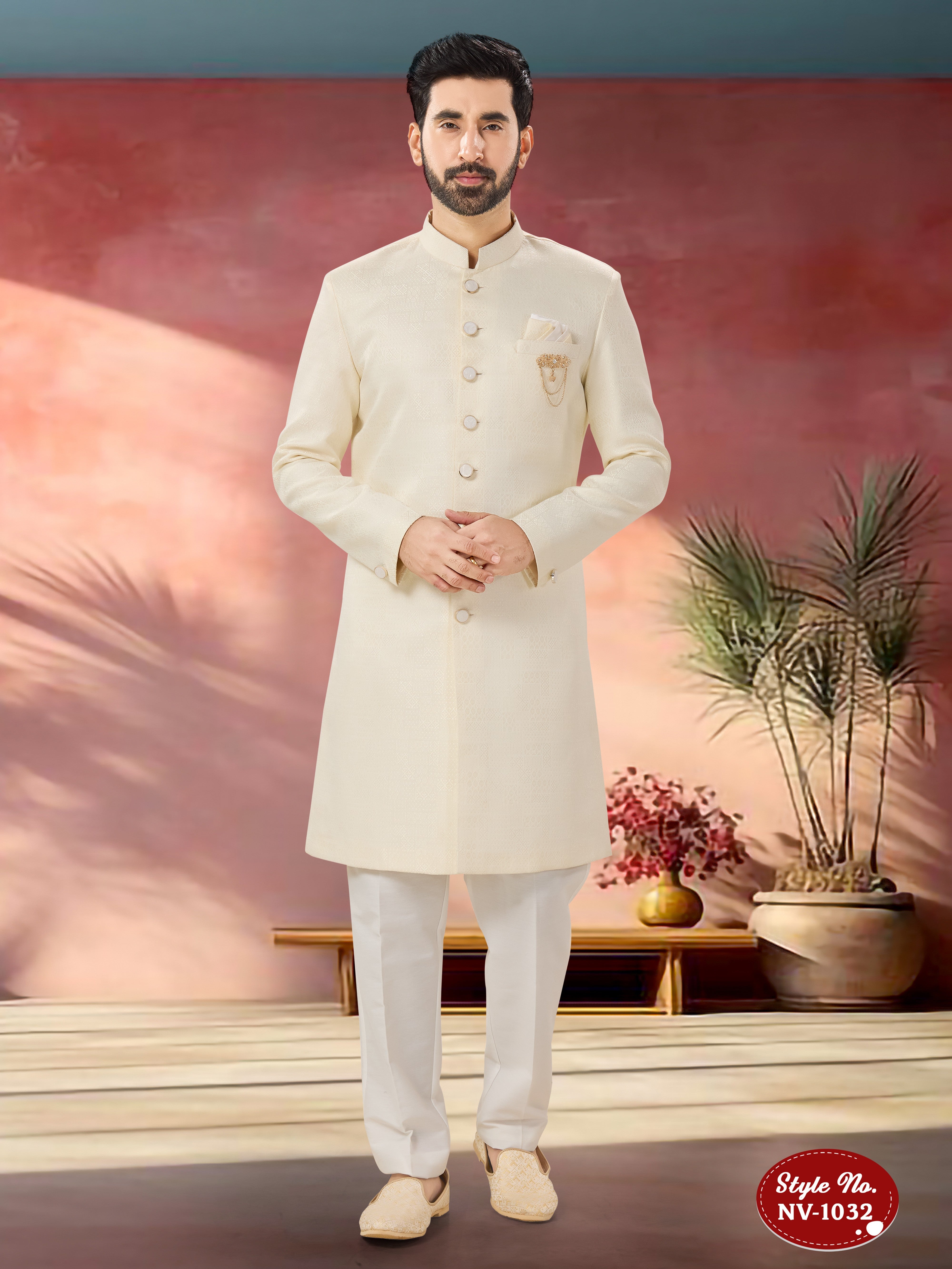 CREAM HUE INDO-WESTERN SET WITH SELF-DESIGN