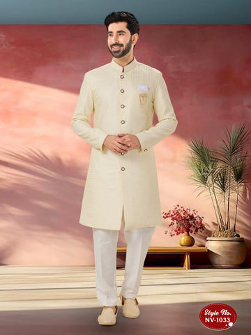 CREAM TONE INDO-WESTERN SET WITH THREAD EMBROIDERY ALL-OVER