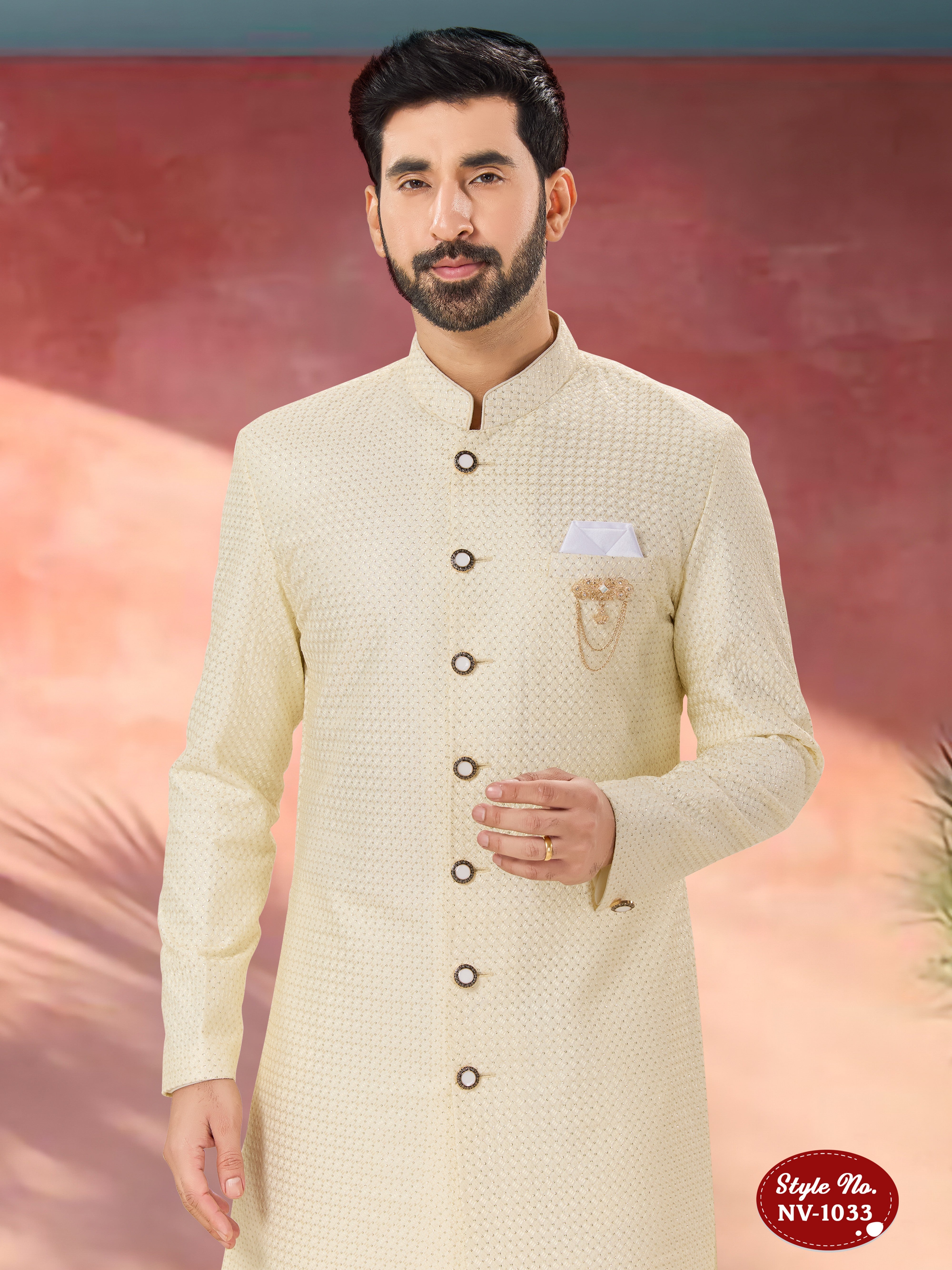CREAM TONE INDO-WESTERN SET WITH THREAD EMBROIDERY ALL-OVER