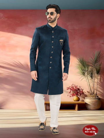 BLUE HUE INDO-WESTERN SET WITH SELF-DESIGN