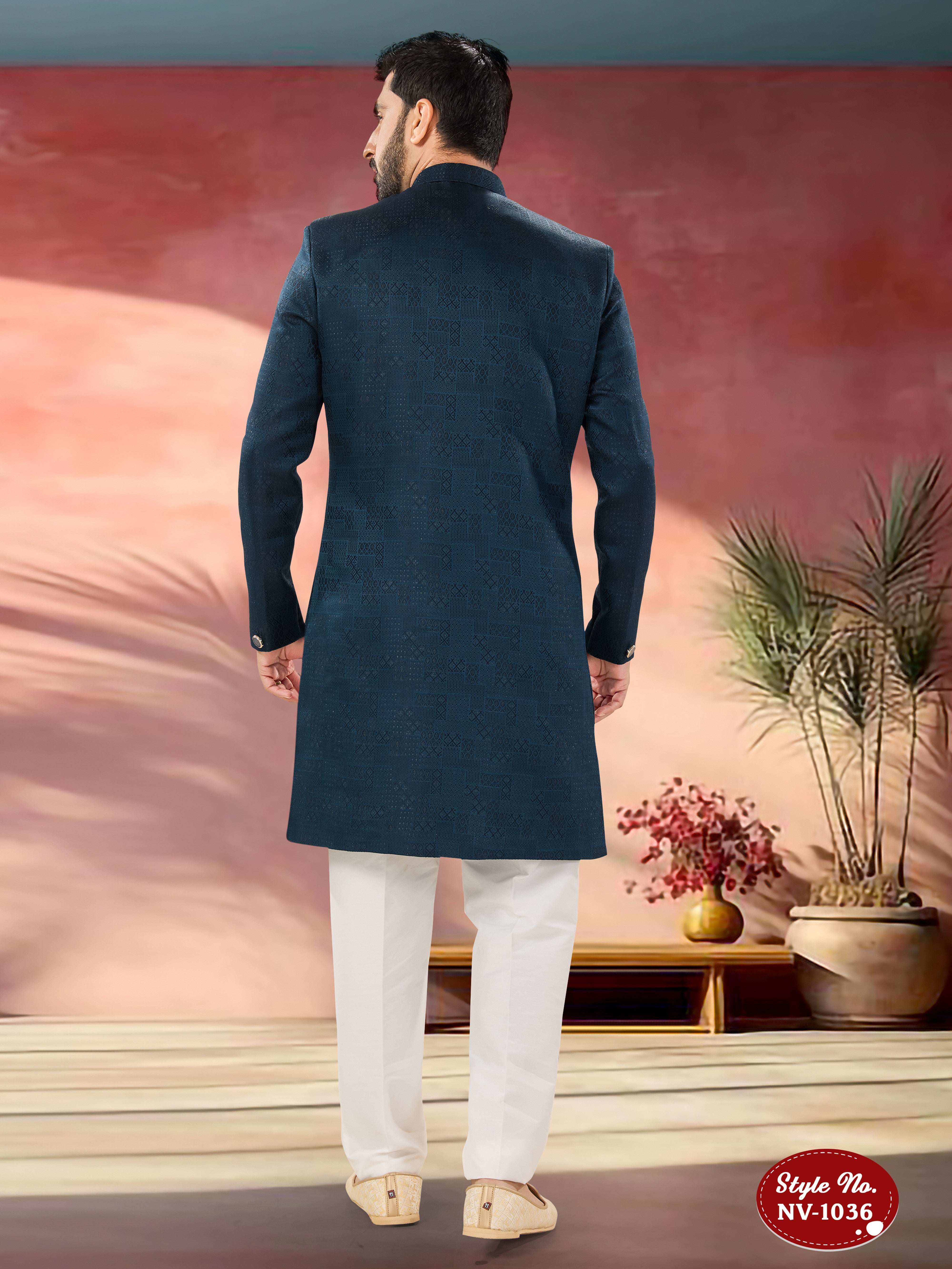 BLUE HUE INDO-WESTERN SET WITH SELF-DESIGN