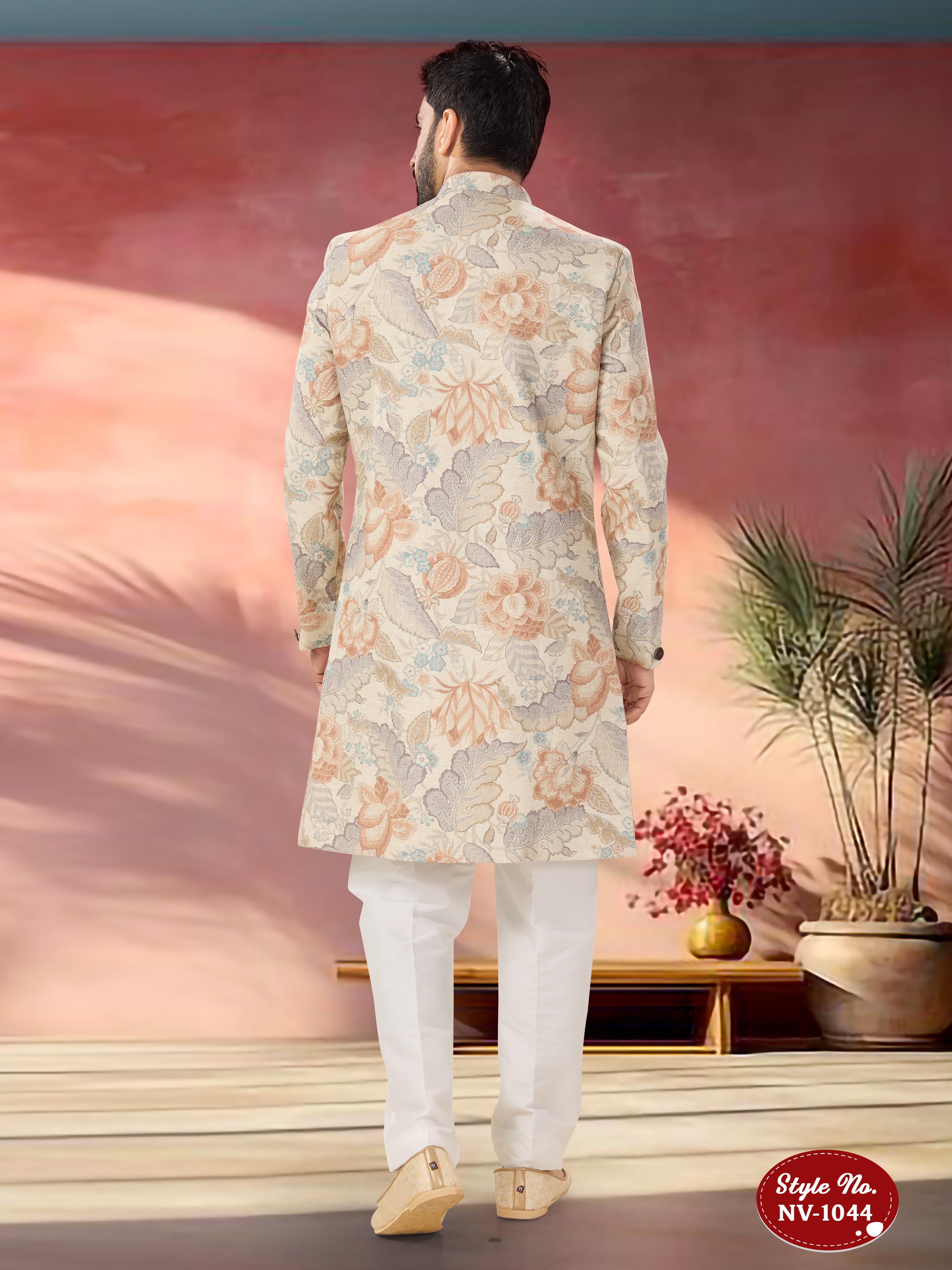 CREAM-BASE INDO-WESTERN SET WITH FLORAL SELF-DESIGN