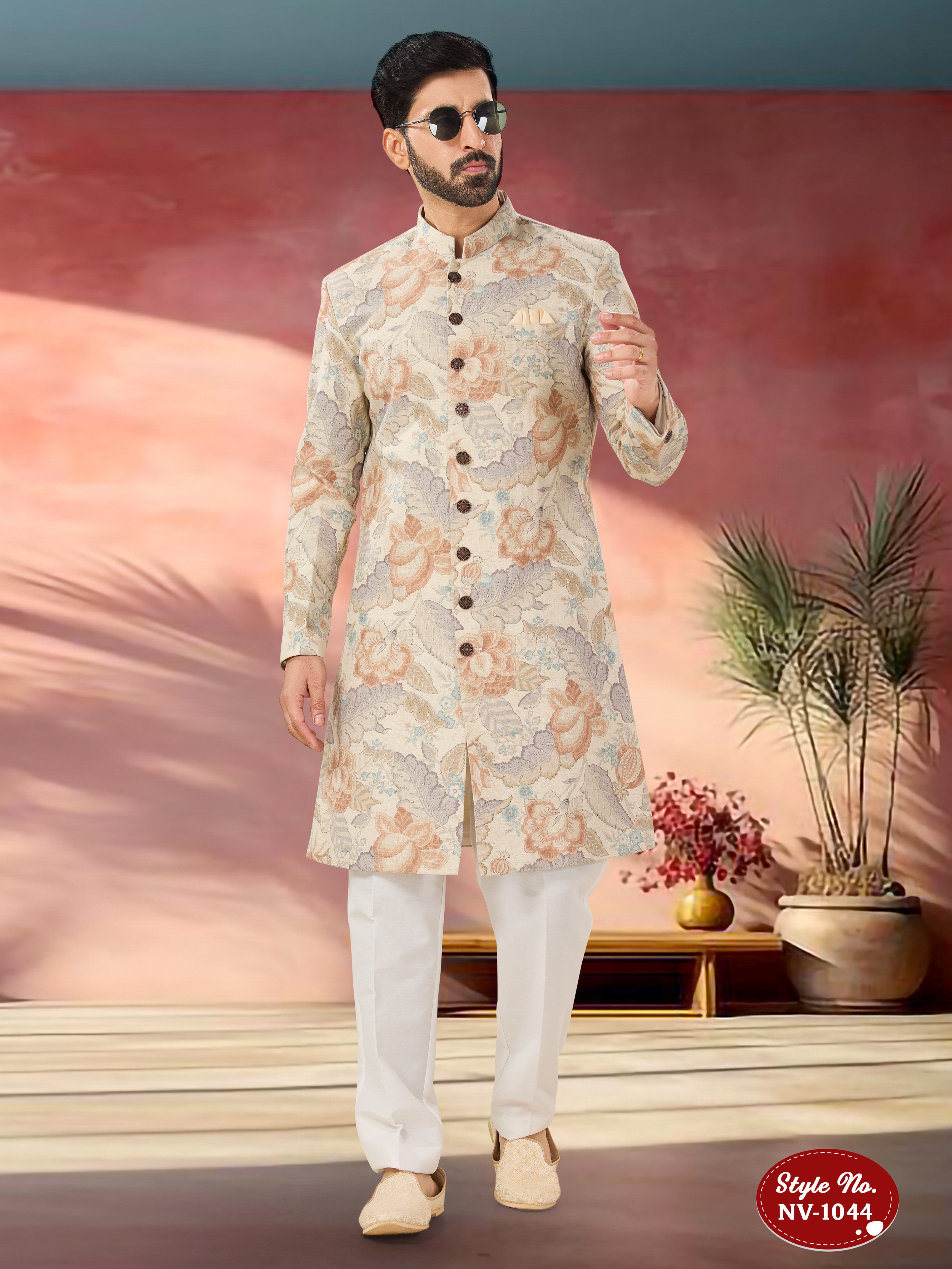 CREAM-BASE INDO-WESTERN SET WITH FLORAL SELF-DESIGN