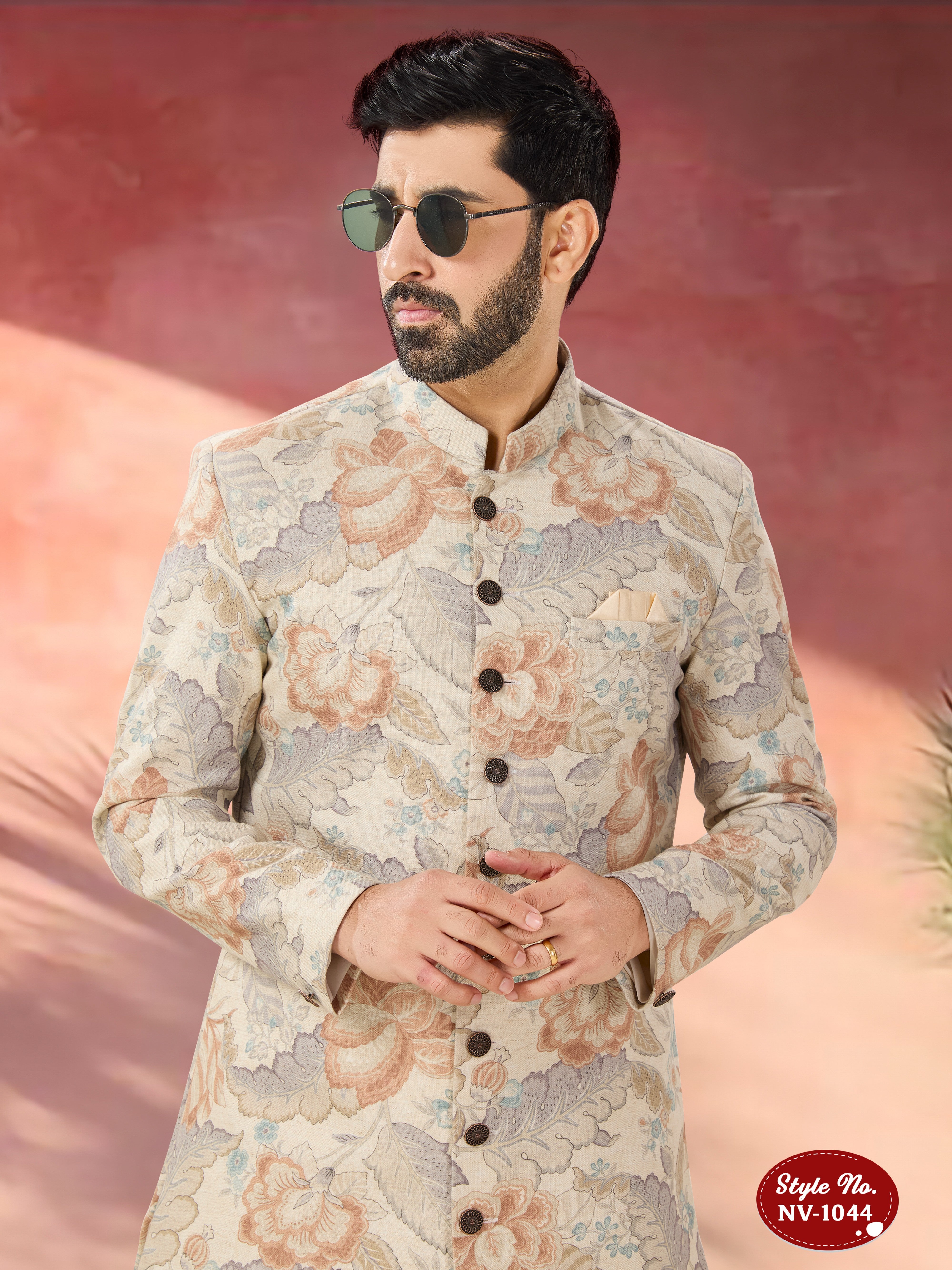 CREAM-BASE INDO-WESTERN SET WITH FLORAL SELF-DESIGN