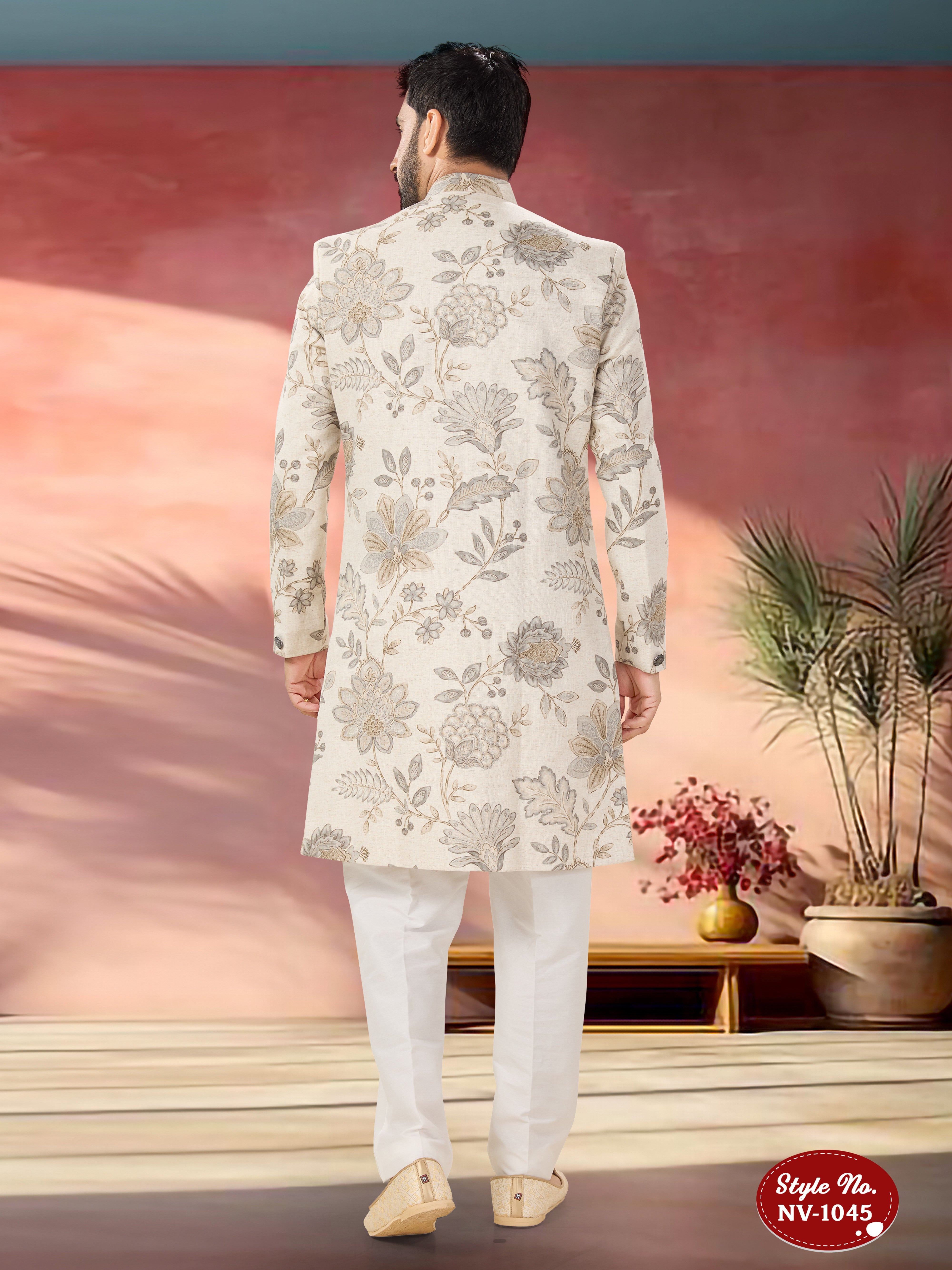 CREAM-BASE INDO-WESTERN SET WITH FLORAL SELF-DESIGN