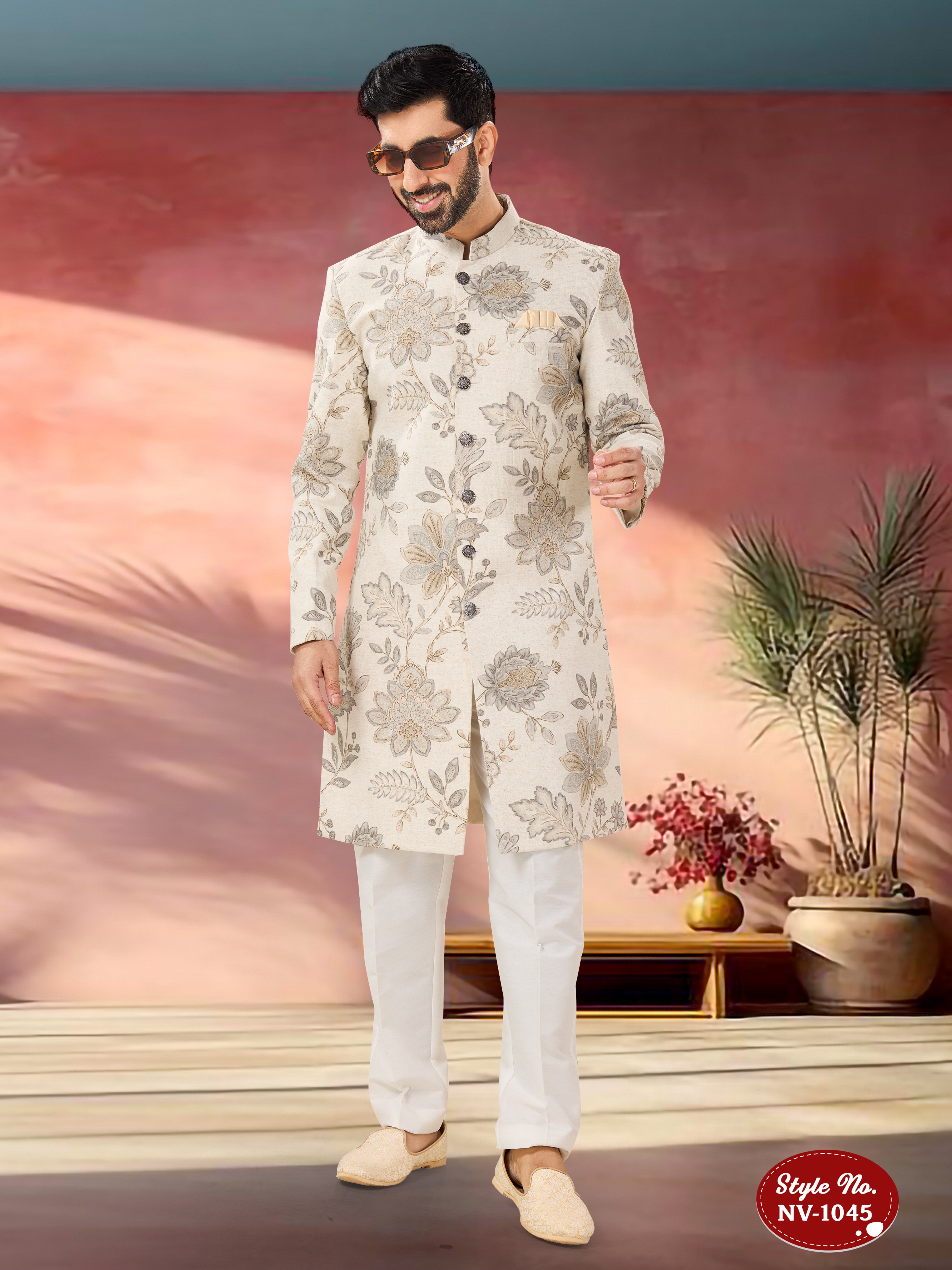 CREAM-BASE INDO-WESTERN SET WITH FLORAL SELF-DESIGN