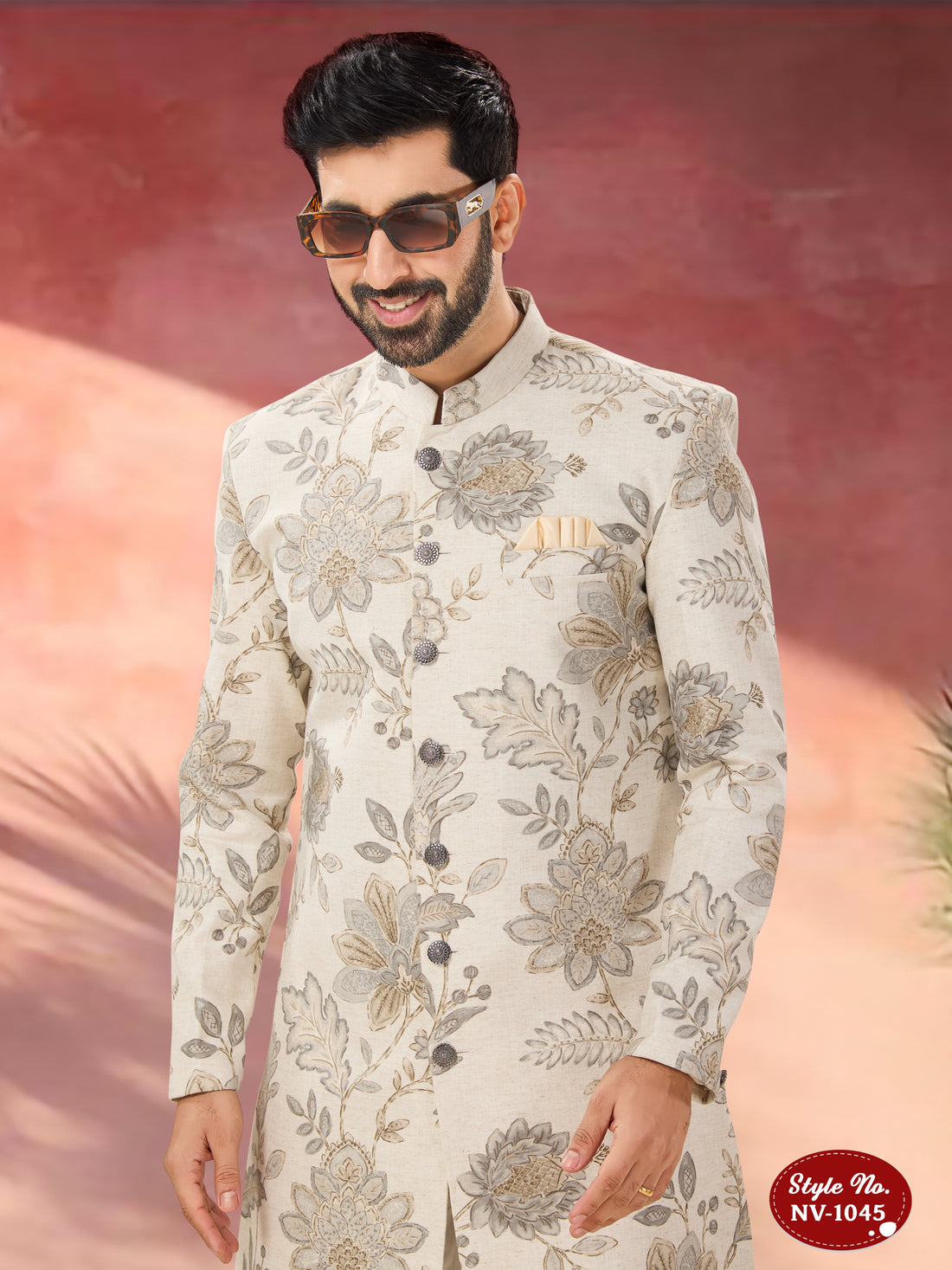 CREAM-BASE INDO-WESTERN SET WITH FLORAL SELF-DESIGN