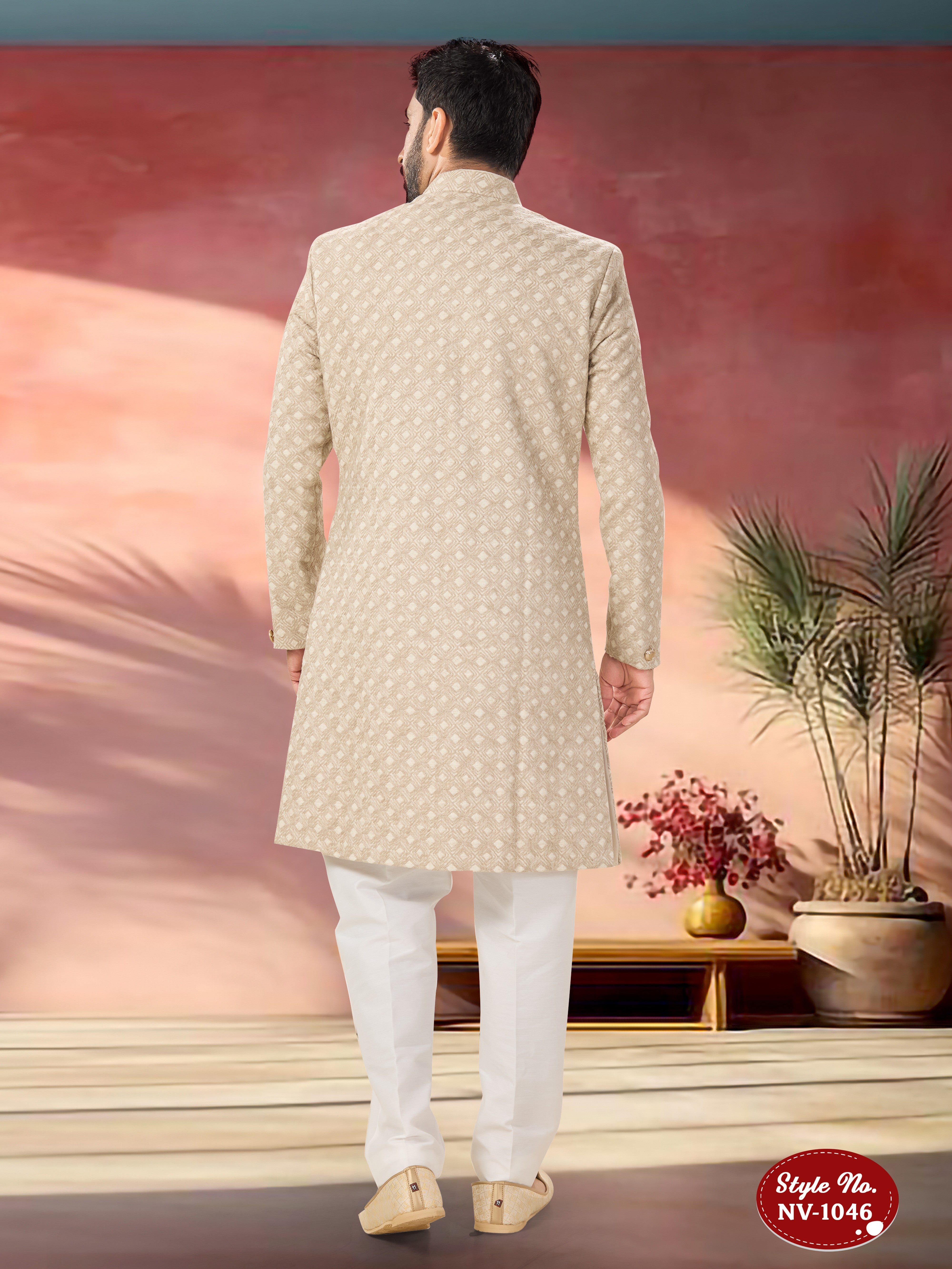 CREAM TONE INDO-WESTERN SET WITH THREAD EMBROIDERY ALL-OVER