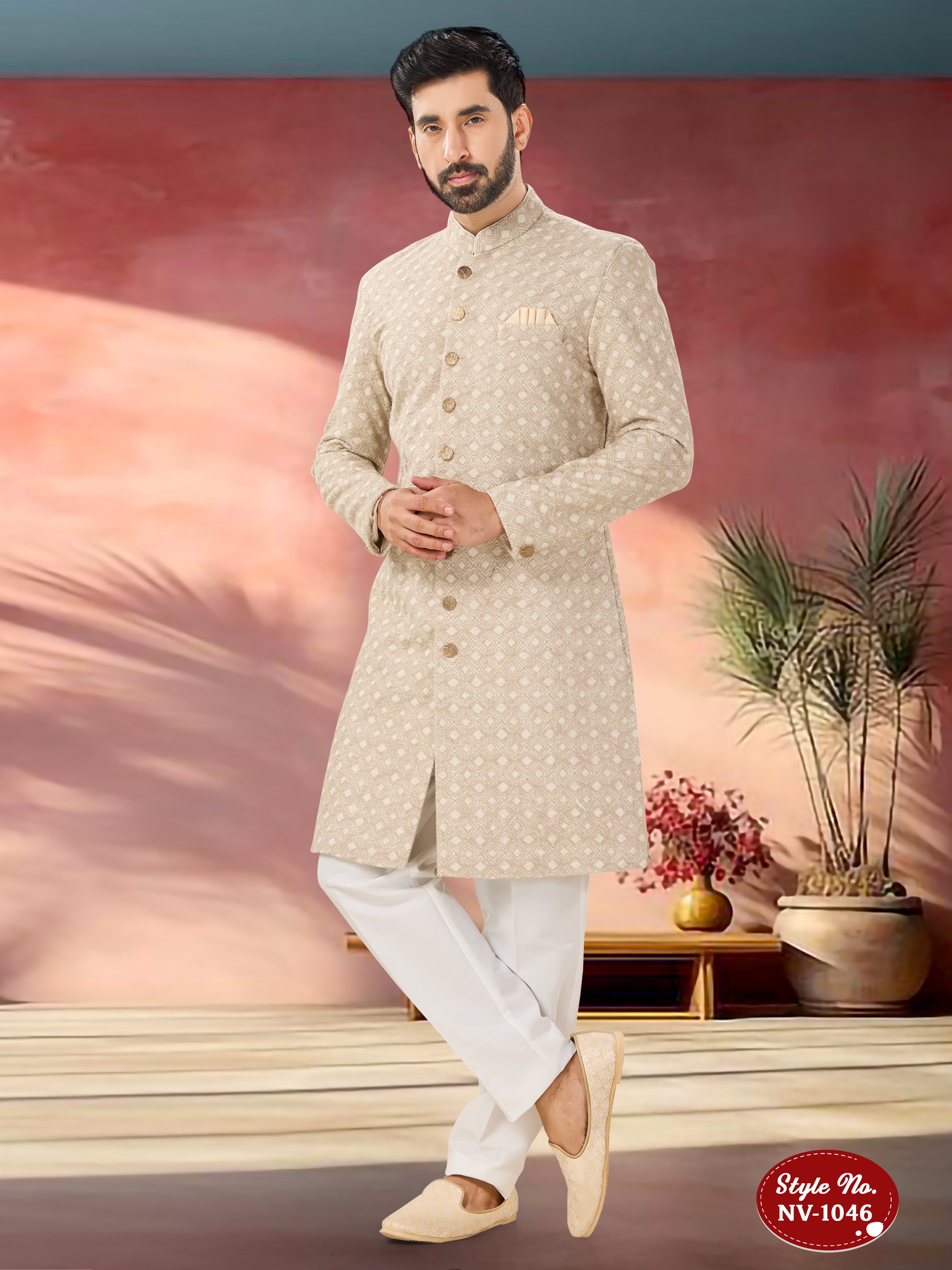 CREAM TONE INDO-WESTERN SET WITH THREAD EMBROIDERY ALL-OVER