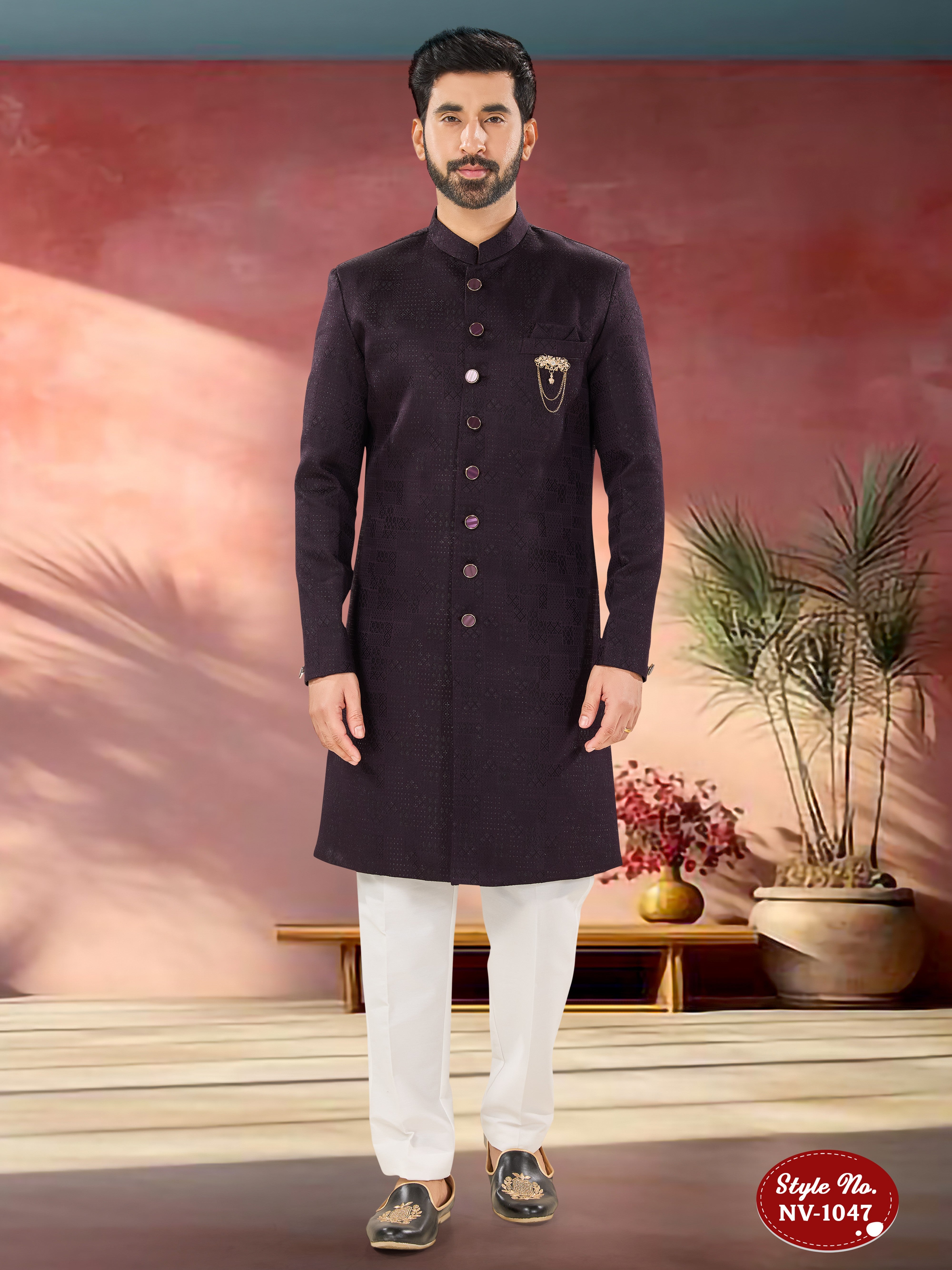 WINE TONE INDO-WESTERN SET WITH SELF-DESIGN