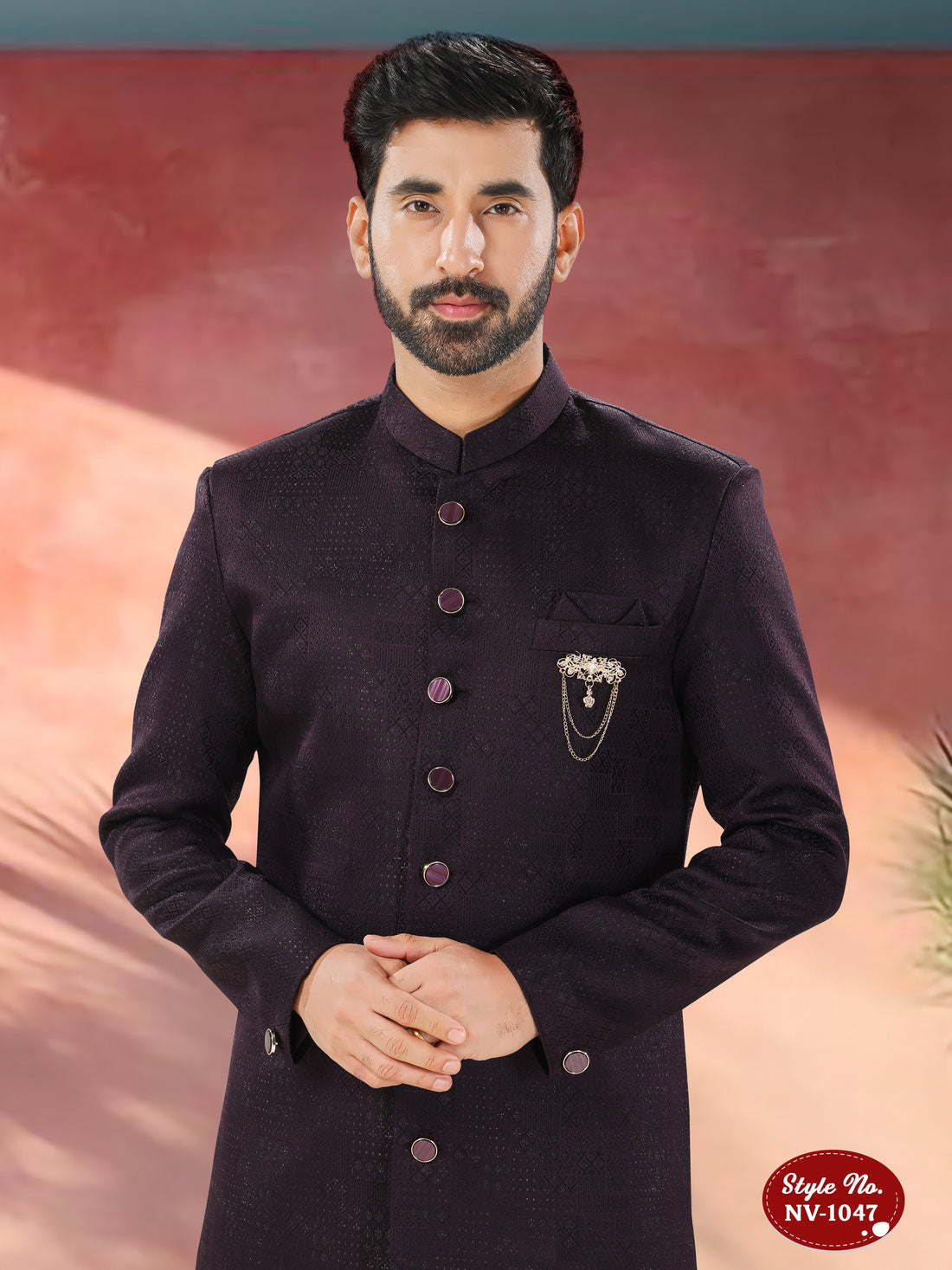 WINE TONE INDO-WESTERN SET WITH SELF-DESIGN