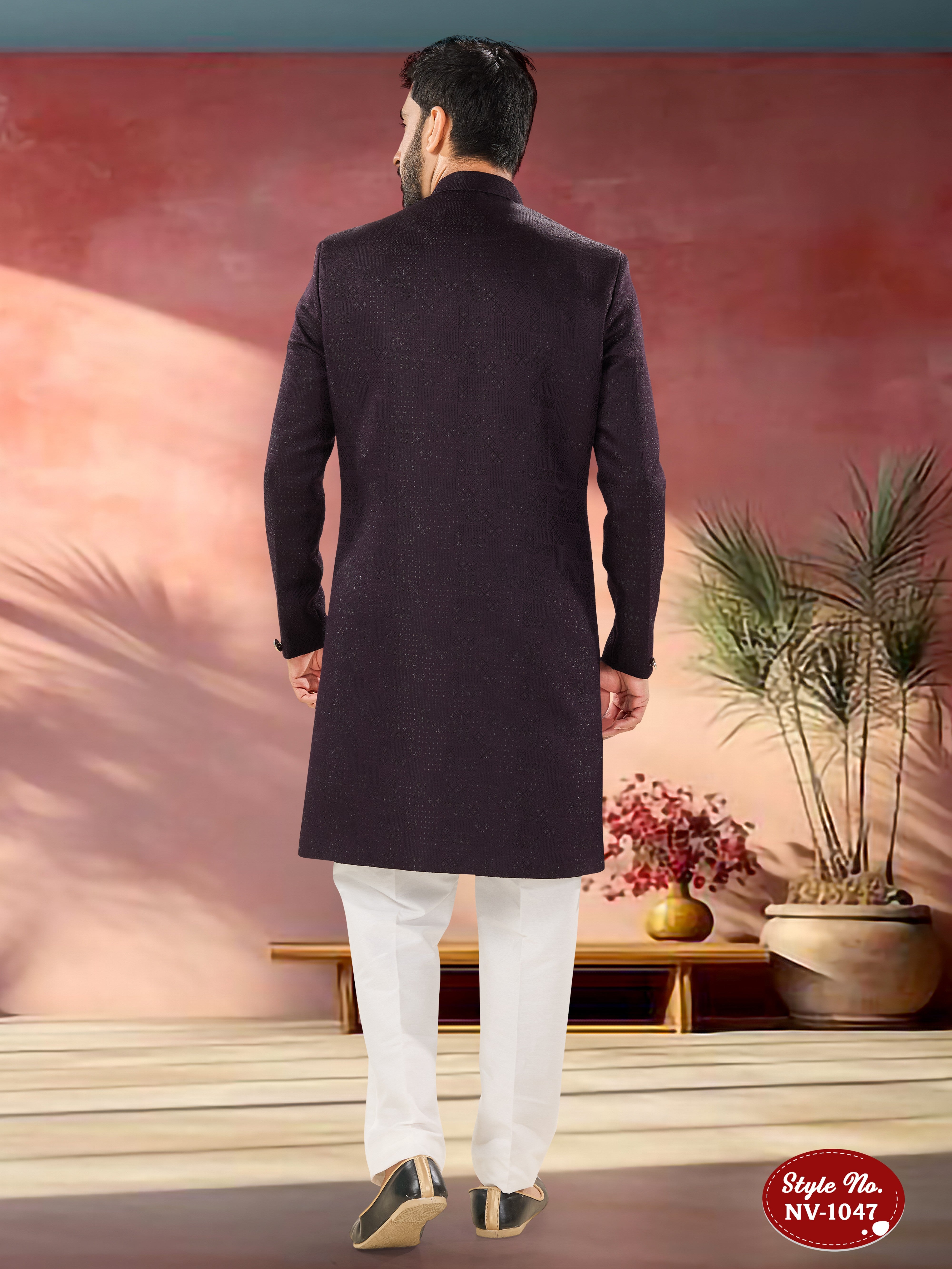 WINE TONE INDO-WESTERN SET WITH SELF-DESIGN