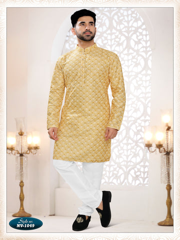 YELLOW KURTA SET WITH THREAD EMBROIDERY ALL-OVER