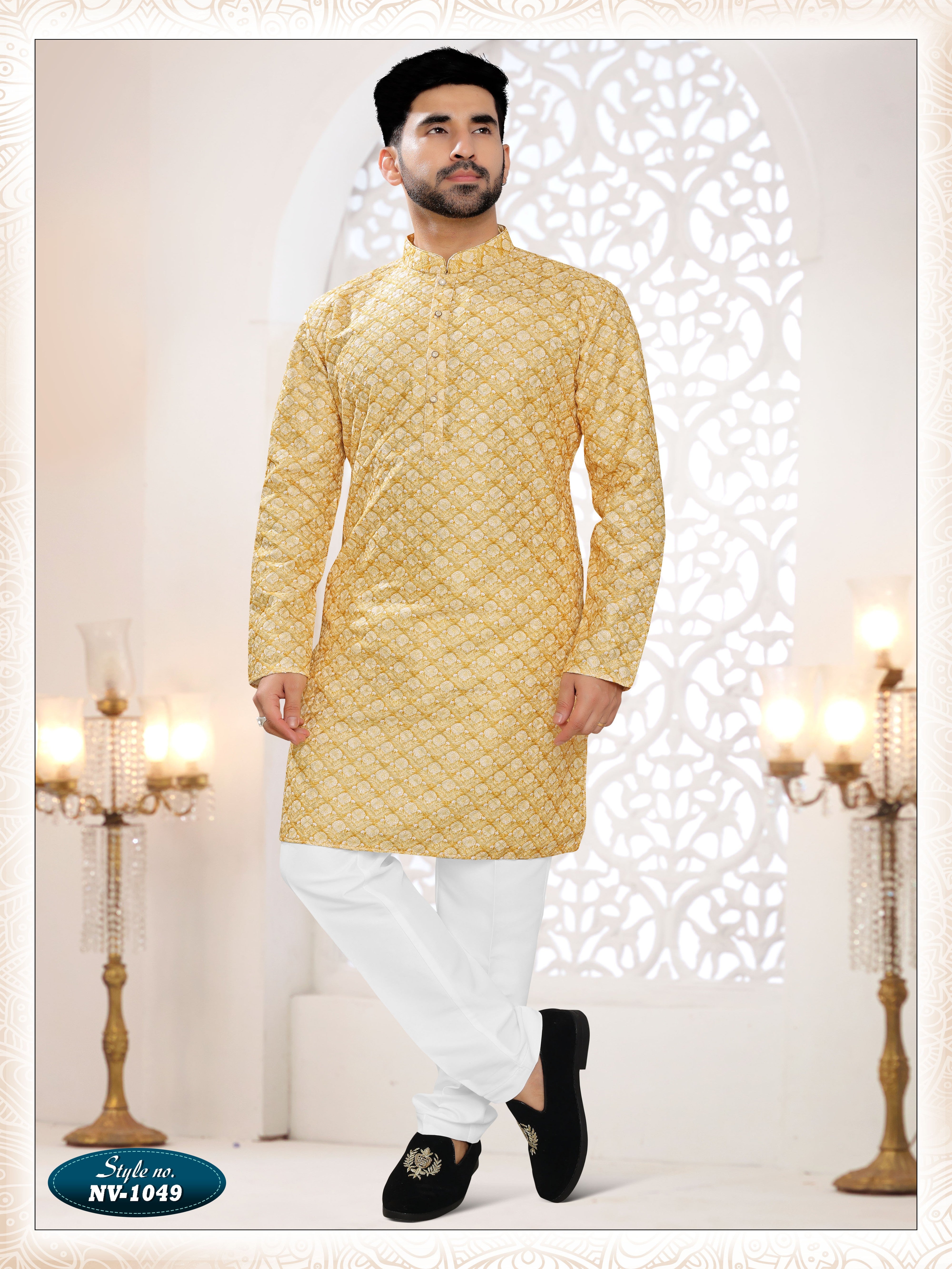 YELLOW KURTA SET WITH THREAD EMBROIDERY ALL-OVER