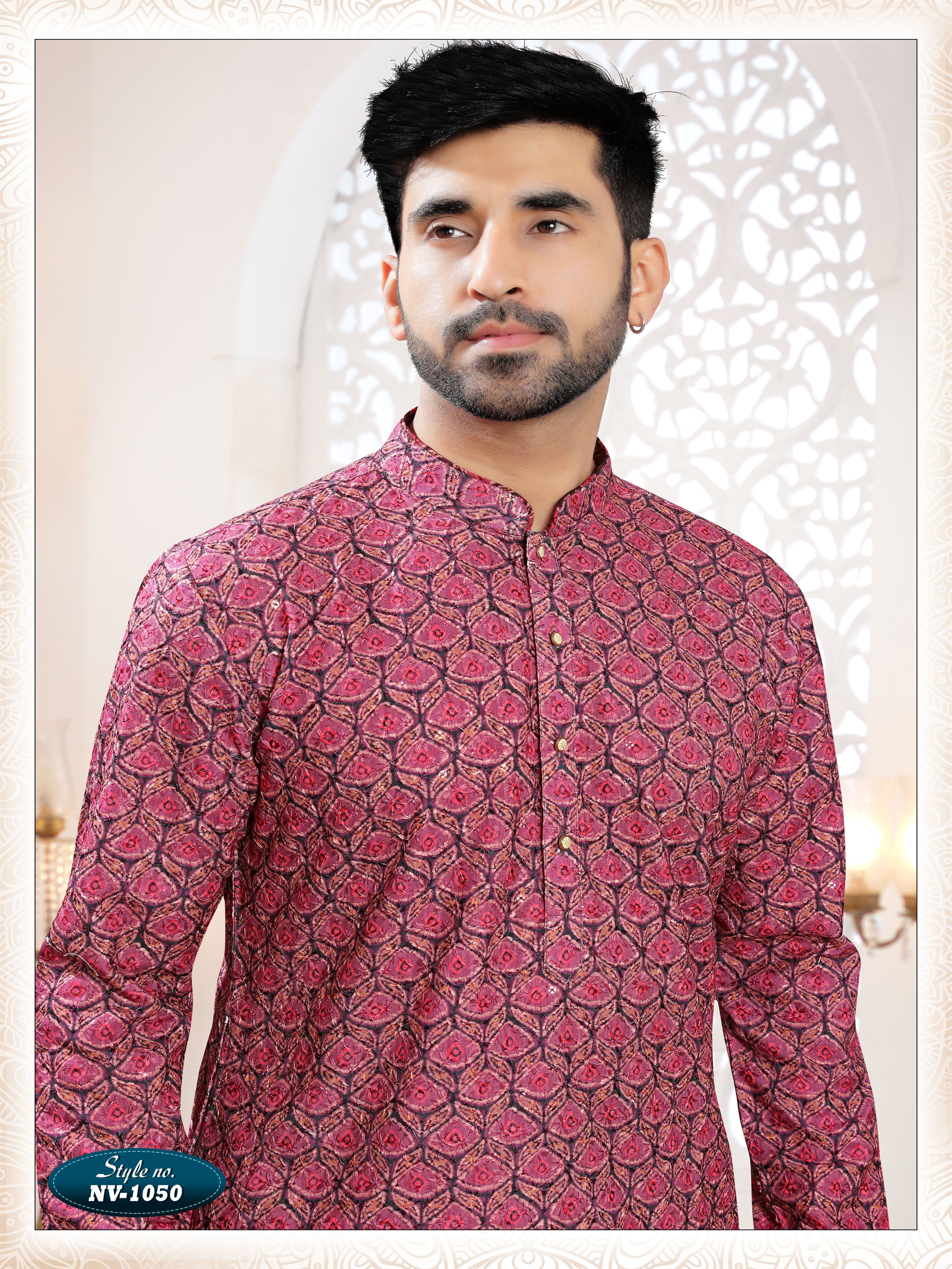 REDISH-WINE TONE KURTA SET WITH THREAD EMBROIDERY ALL-OVER