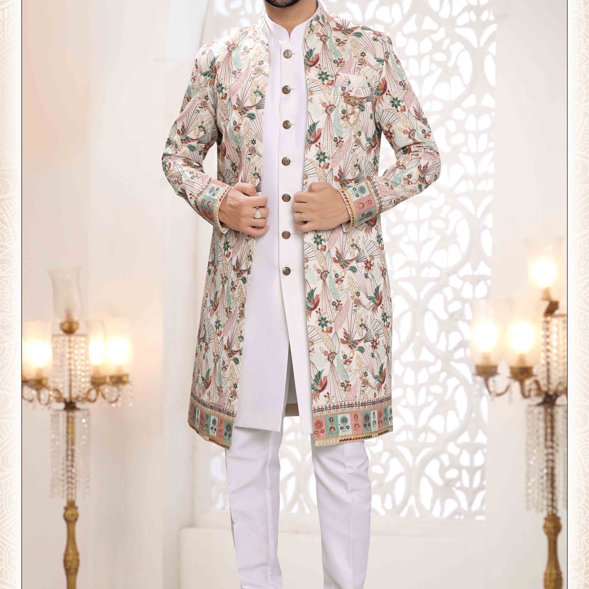 Embroidered Art Silk Sherwani in Off White