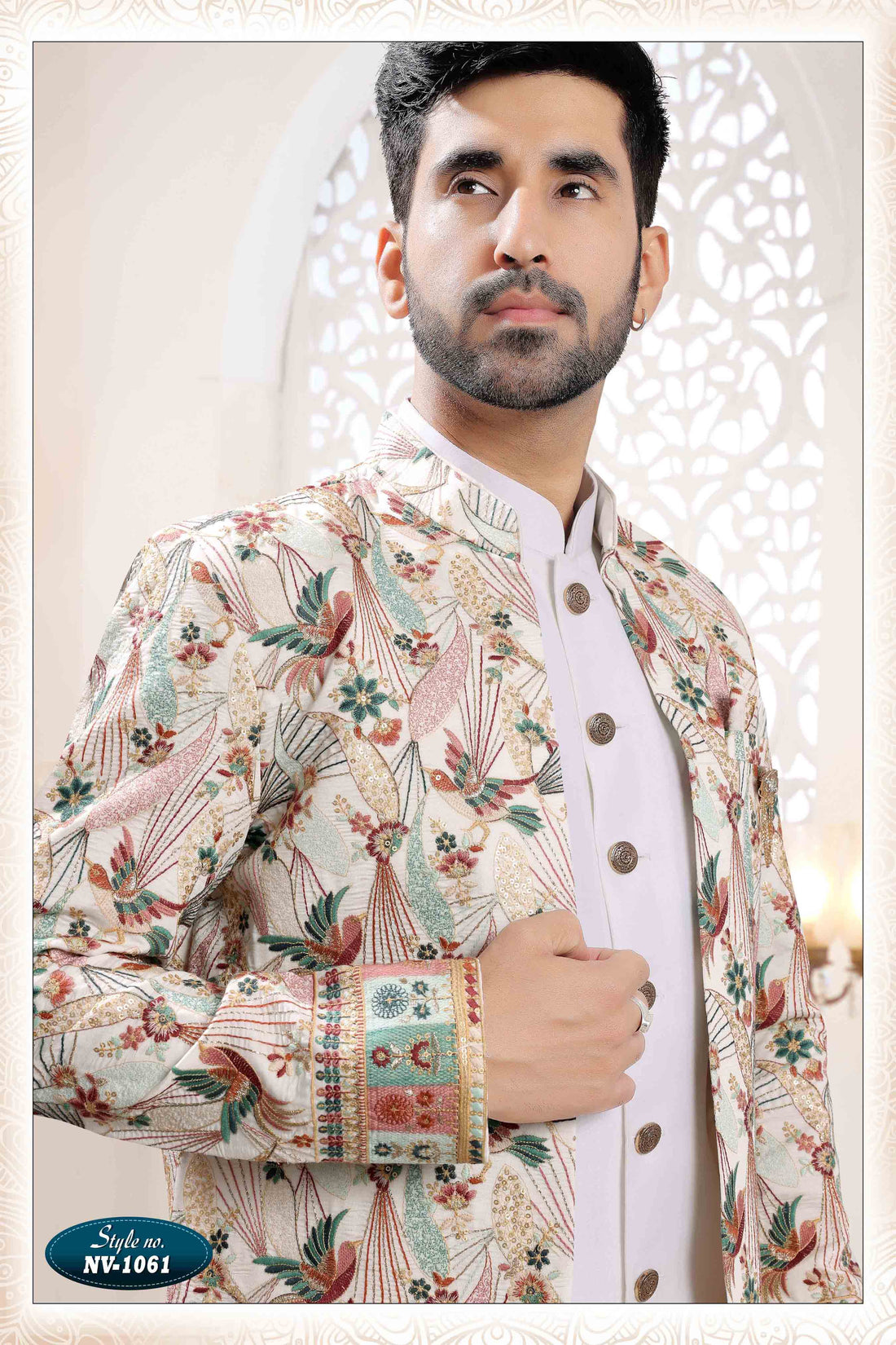 Embroidered Art Silk Sherwani in Off White