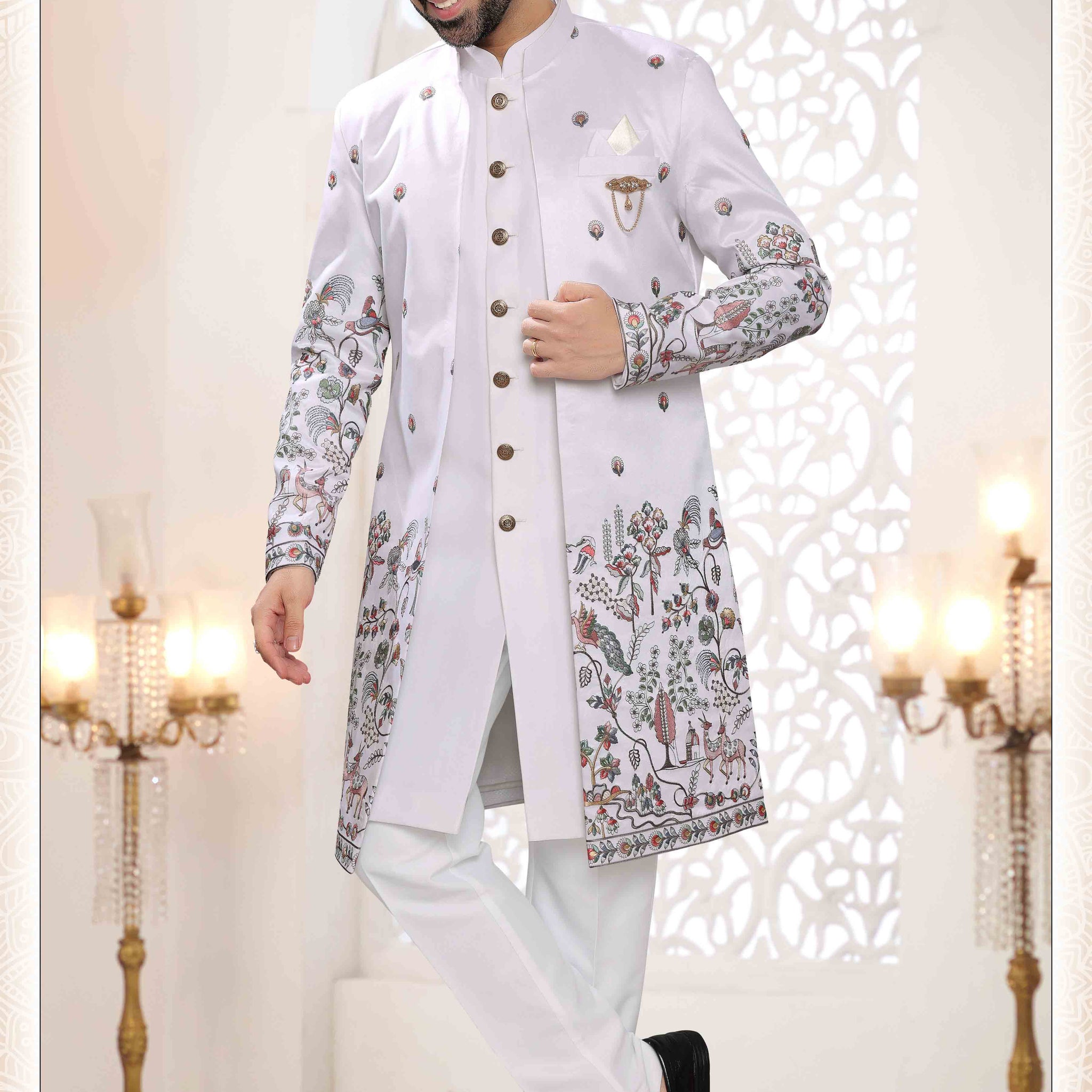 Embroidered Art Silk Sherwani in Off White