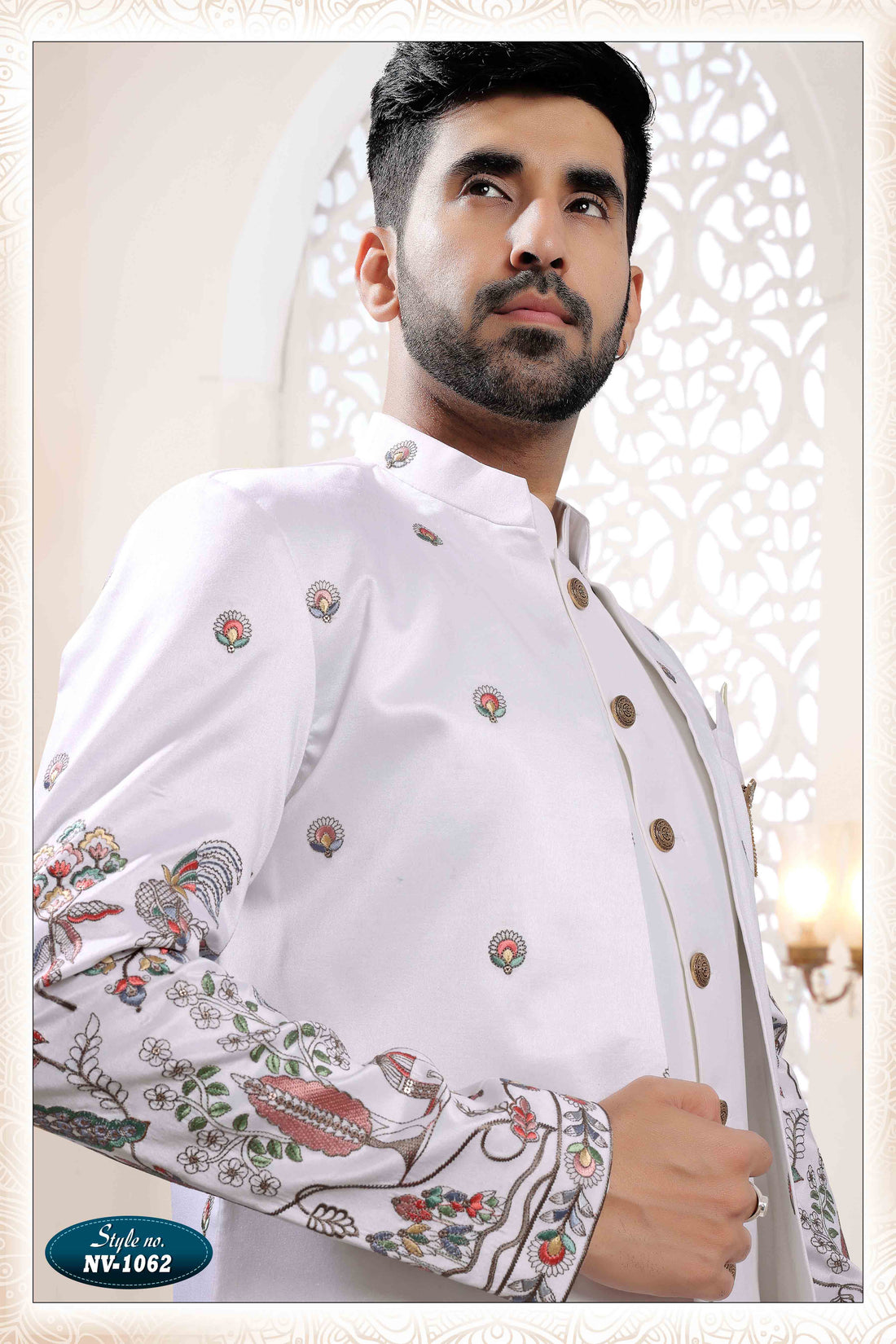 Embroidered Art Silk Sherwani in Off White